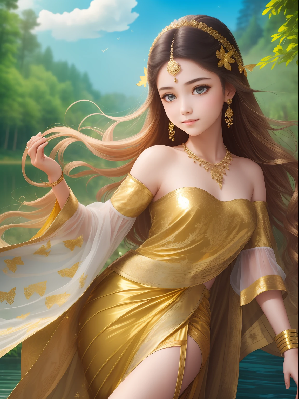 1 girl, esthetic and delicate beauty with half back little wavy gold shining hair, gold modernized royal India costume, background is in forest that have lake, blue sky, rainbow, cloud, flying magic butterfly, glow diffuse light, cool breeze, detail, masterpiece, high quality
