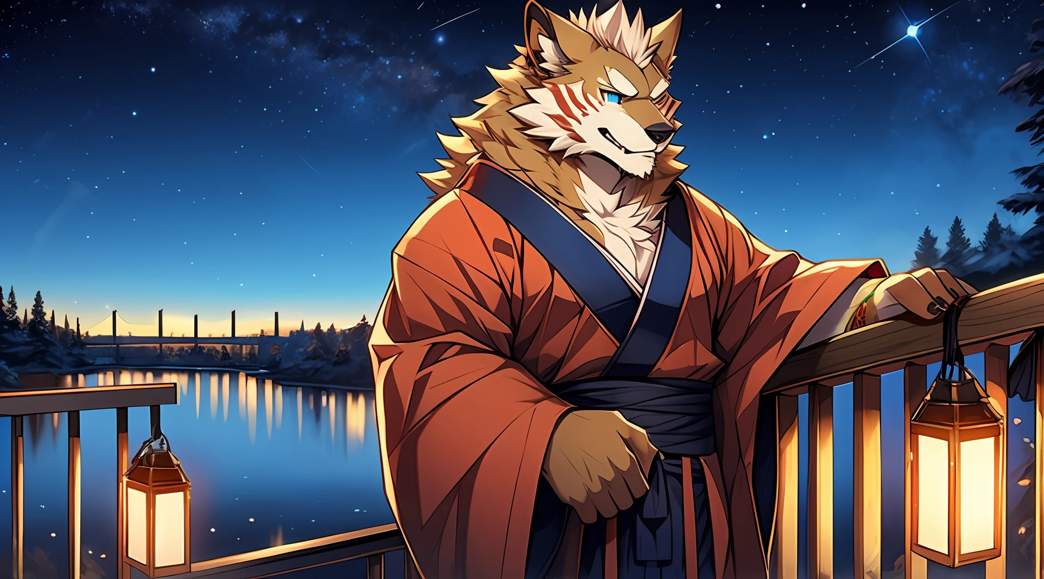 (A golden werewolf with golden fur and glasses stands on a city street under the stars at night:1.2),(male people),Azure pupils,Look at the river of stars in the distance,the corners of your mouth rise slightly,He wears blue ancient Japanese clothing,is an astrologer,He is very fond of astrology,Has a deep love for the stars,He has several dark red stripes on his cheeks,extremy detailed,detailedbackground,Extremely beautiful starry sky background extremely detailed,starrysky,由Null-Ghost:0.7 brought,Handsome,sbeard ,natta, Lanterns, Festive atmosphere, Outdoor activities, (depth of fields), Beautiful and beautiful,komono,white sash,Cherry blossom leaves,tmasterpiece,VerydetailedCG,(Wear glasses),Correct end-of-line construction,Leaning against the railing,correct hand,Extend your right hand forward,Strong,White loincloth,Middle Age,A majestic,Savage,self-assured,Strong,Looking Up The Sky,From a high angle,Winters,nevando,The upper body is exposed,