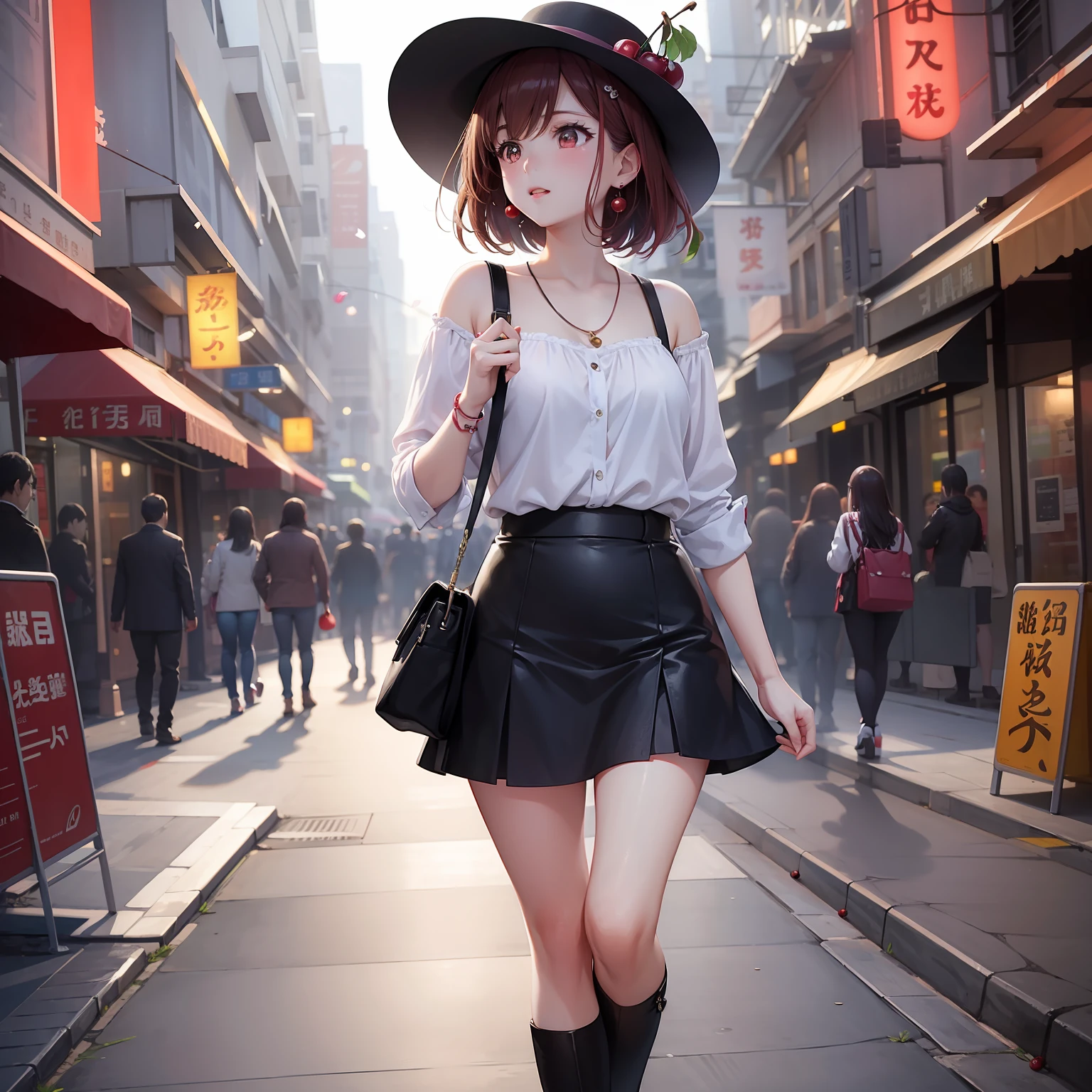 a beauty girl、Cherries、Walking alone in a well-lit city、In love