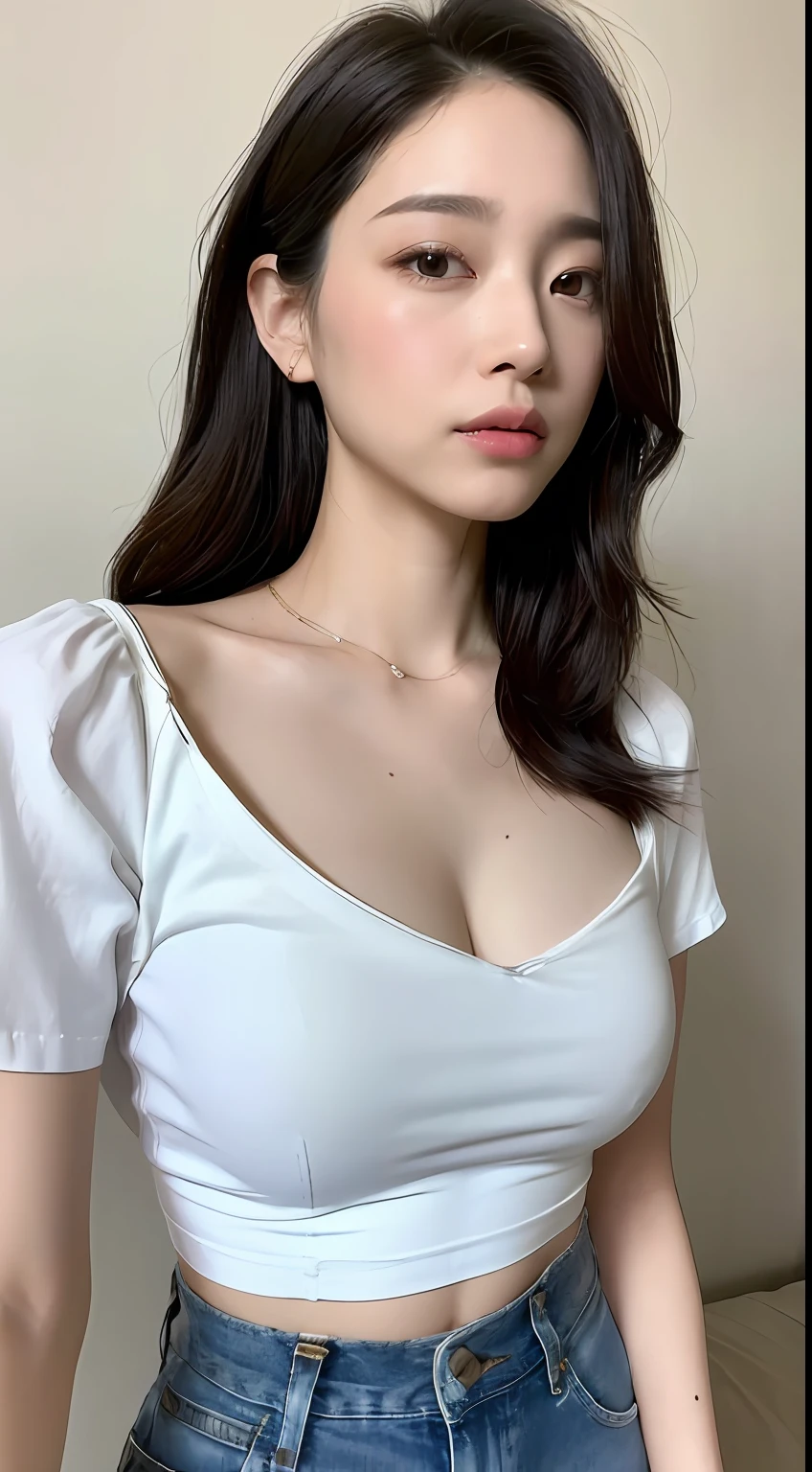 ((top-quality、8K、masterpiece:1.3))、Beautuful Women、1 female、爆乳:1.3、Slender body type:1.1、Toned belly、dark brown hair、(wetting hair、Wet T-shirt:1.1)、Super Detailed Face、Detailed lips、A detailed eye、二重まぶた、on the bed、Emphasis on the chest、White Short Short Denim、Longhaire、Perspective from above