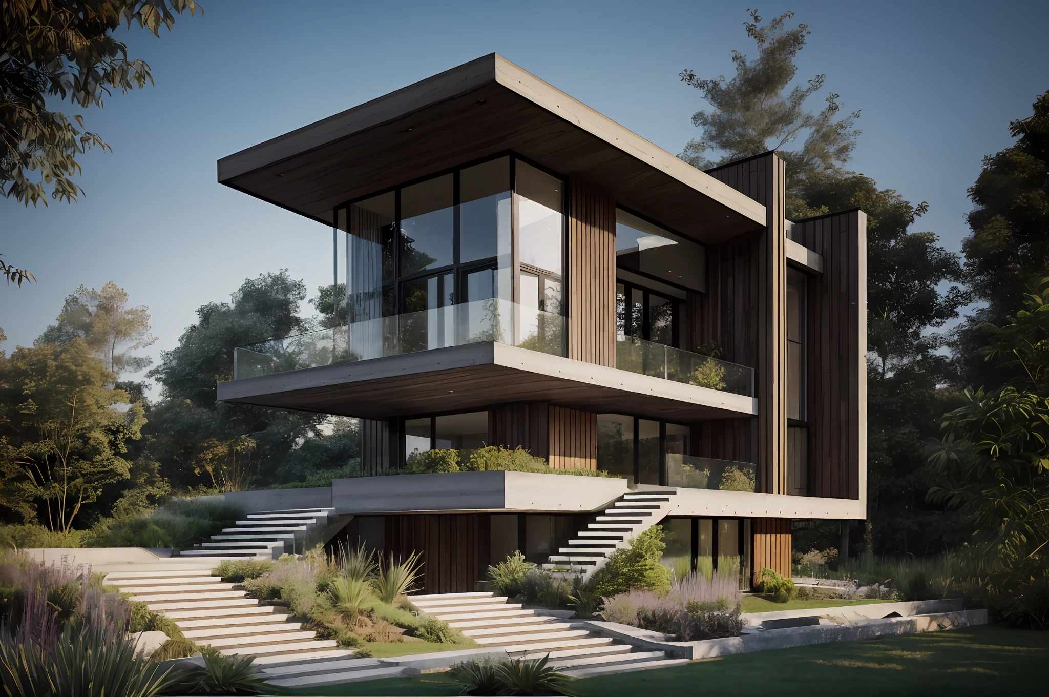 Housev1, modern architecture, concrete, people, tall trees, plants, grass, landscape, city background, glass house with a sloping roof, modern, wood, dynamic (RAW photo, real, best quality, masterpiece:1.2), (hyper realistic, photo-realistic:1.2), high quality, dark lighting, dim rendering, perfect lighting, archdaily