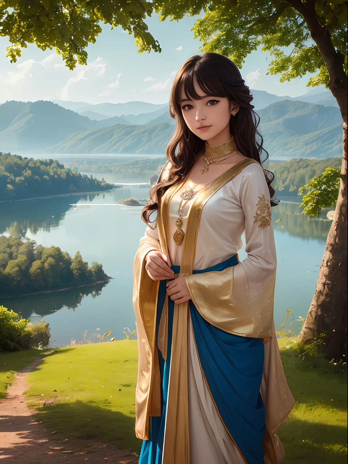 1 girl, esthetic and delicate beauty with half back little wavy gold shining hair, gold modernized royal India costume, background is in forest that have lake, blue sky, rainbow, cloud, magic, glow diffuse light, cool breeze, detail, masterpiece, high quality