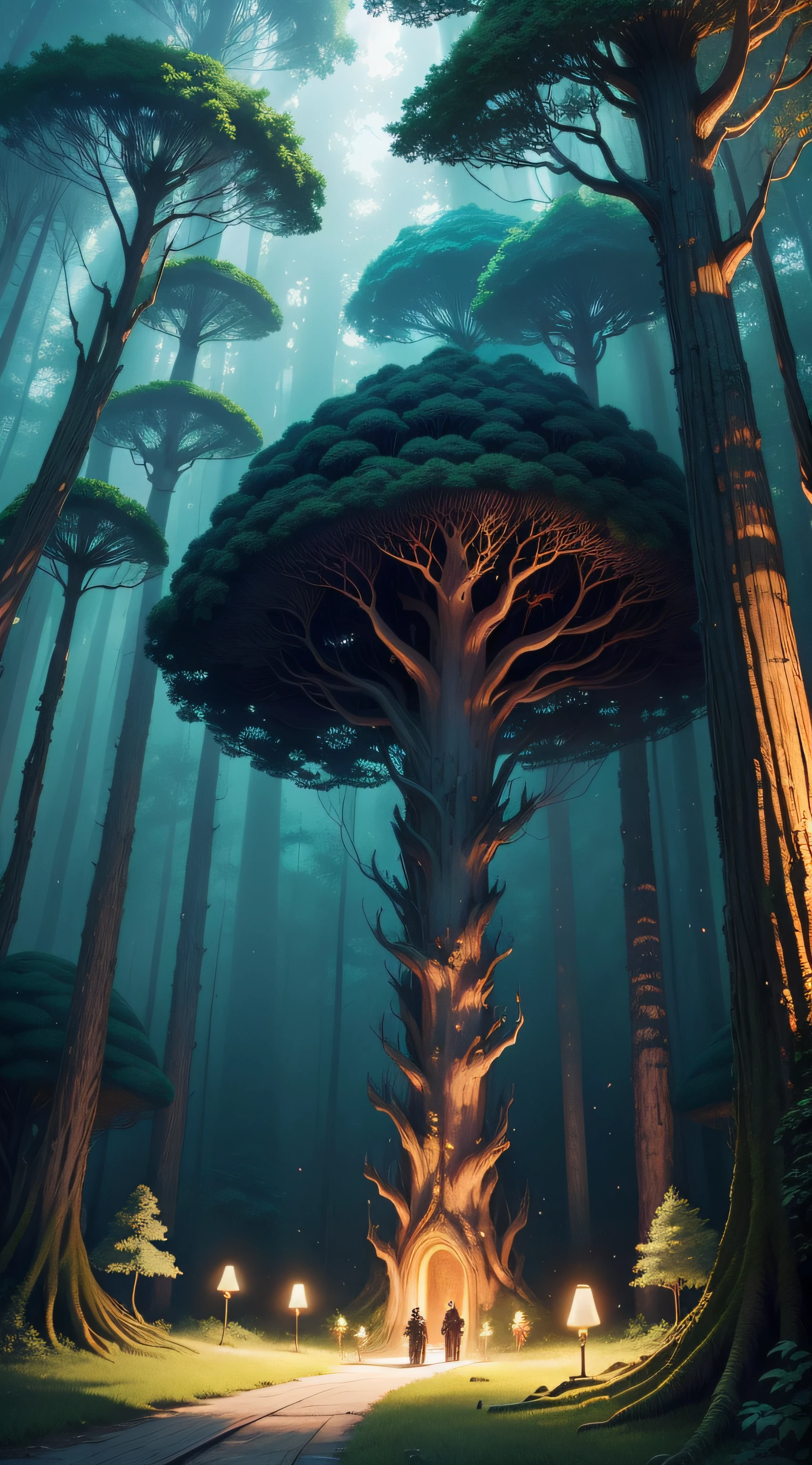 tmasterpiece,Best quality at best,Fiber tracing,jungles,Forest of dreamy monks,with light glowing,glowworm,great outdoors,Strange trees,The branches are intertwined。mushroom trees