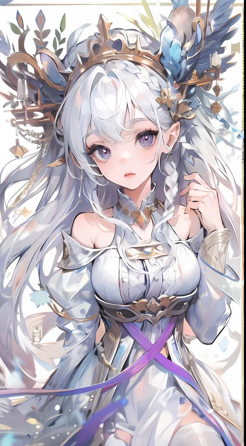 Best quality, highly detailed, masterpiece, ultra detailed, (reality: 1.2), 1 girl, (white background), simple background, delicate eyes, silver hair, purple eyes, hair_ornament, (white off-the-shoulder shirt: 1.3), long hair, pointy_ears, crown_braid, expressionless, straight hair, (++ sitting: 1.2), room,