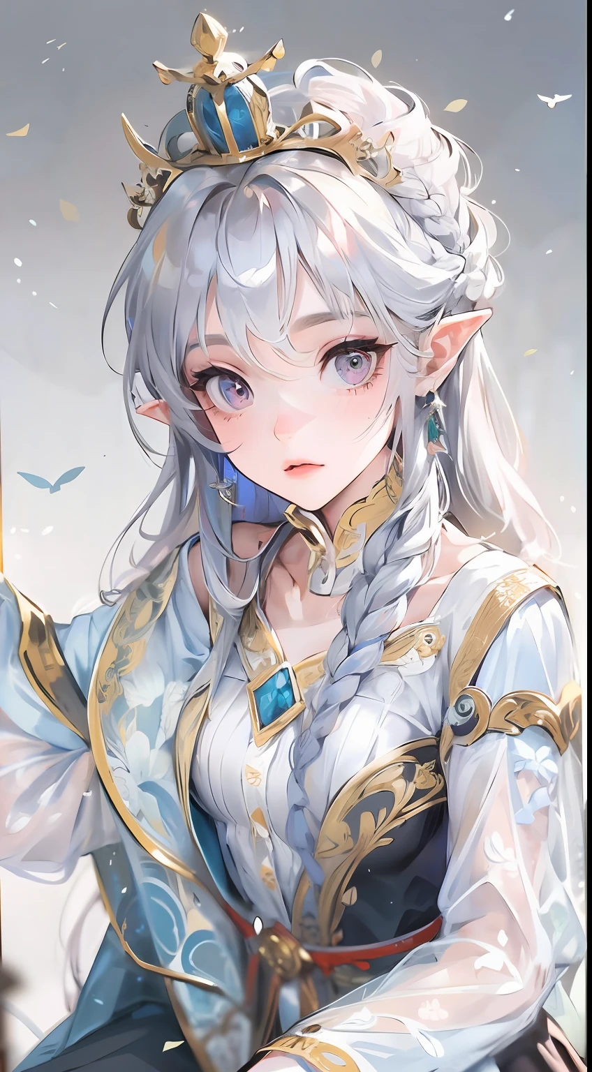 Best quality, highly detailed, masterpiece, ultra detailed, (reality: 1.2), 1 girl, (white background), simple background, delicate eyes, silver hair, purple eyes, hair_ornament, (white off-the-shoulder shirt: 1.3), long hair, pointy_ears, crown_braid, expressionless, straight hair, (++ sitting: 1.2), room,