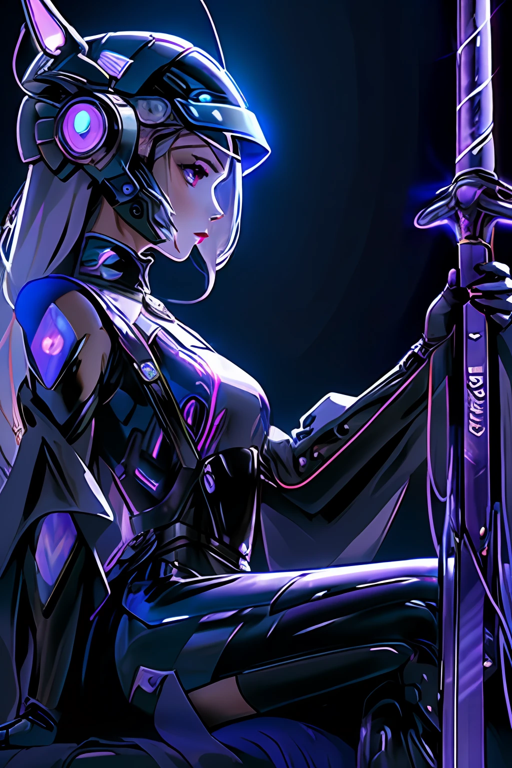 Solo, Raw Photo, Masterpiece, Best Quality, High Resolution, Ultra-Detailed, Formal Art, Unity 8K Wallpapers, Official Wallpapers, Moody Atmosphere, Chiaroscuro, Celti, (1 girl holding neon sword), ((hold dark purple lightning sword)), (long white hair), Tight Leather, Latex, Biker dark purple Clothing, Cycling Suit, Leather, Night, Moonlight, Gloves, (((Unbuttoning))), Innerboob, Pose, (in an egg-shaped cyberhelmet with jackal ears), Sci-Fi, Large plan, lines of movement, top to bottom, bent, hyper-detailed, cyberpunk, reflections, radiance, sparks, shy and seductive pose arching back down, throne, throne, side view, ((small boobs))