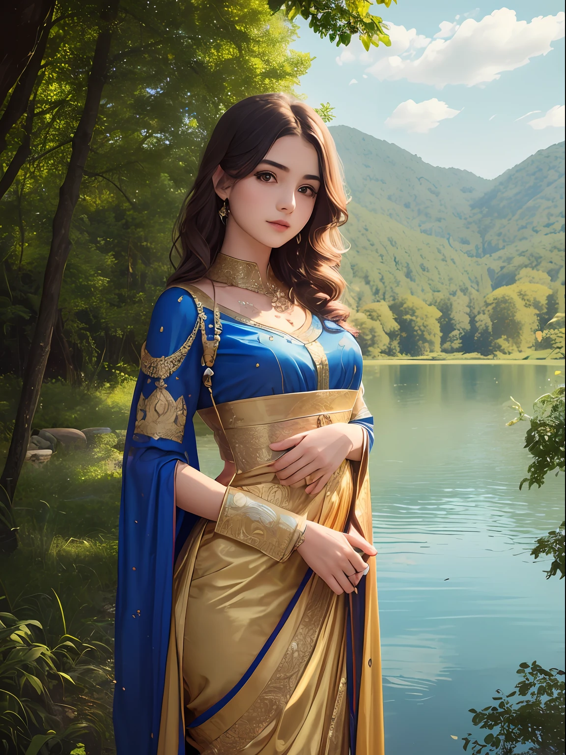 1 girl, esthetic and delicate beauty with half back little wavy gold shining hair, gold modernized royal India costume, background is in forest that have lake, blue sky, rainbow, cloud, magic, glow diffuse light, cool breeze, detail, masterpiece, high quality