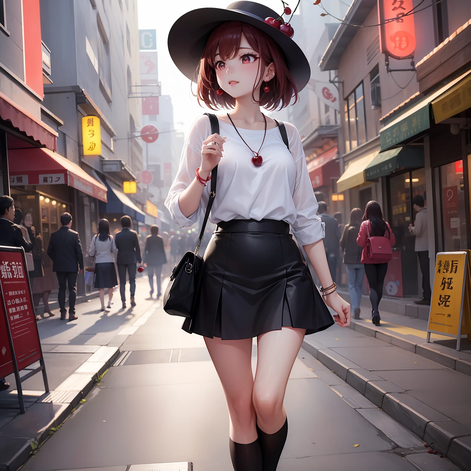 a beauty girl、Cherries、Walking alone in a well-lit city、In love