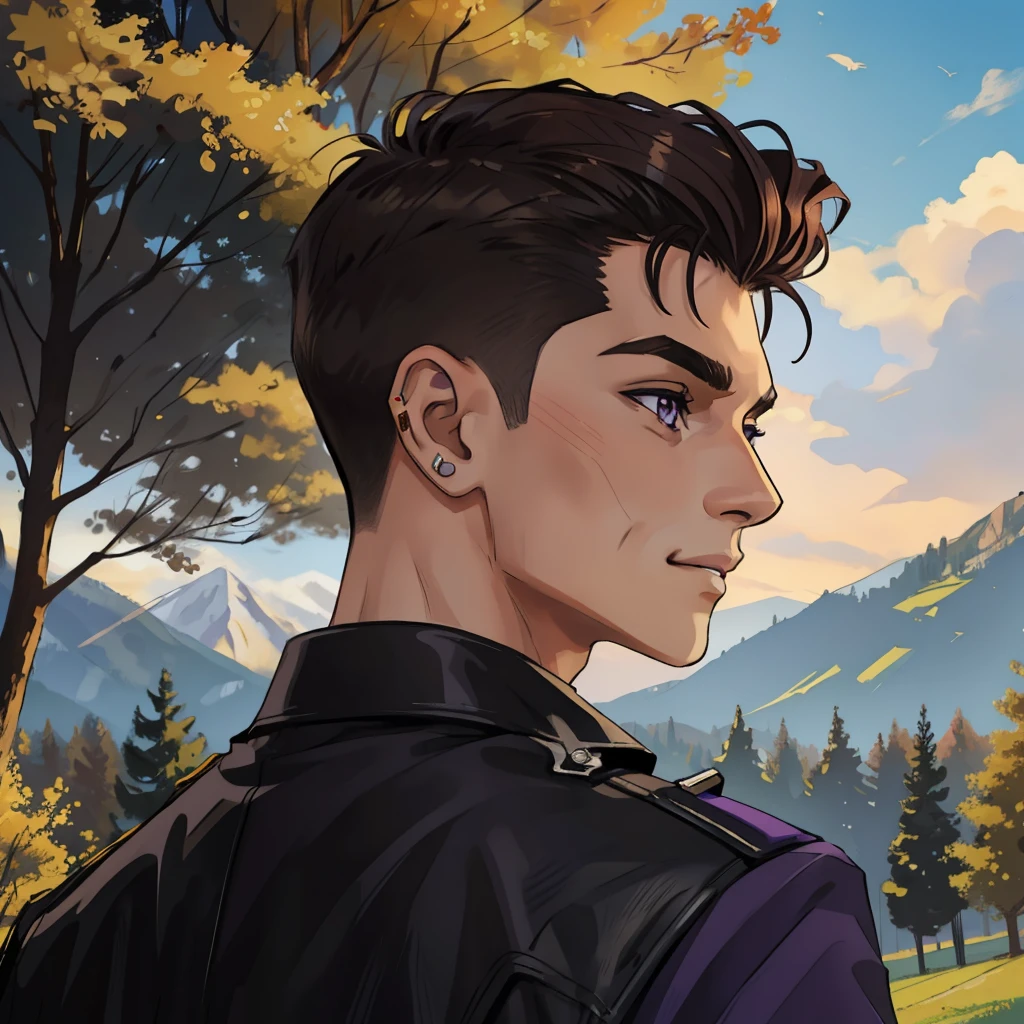 (obra-prima, melhor qualidade), detalhes intrincados, 8k, art-station, papel de parede, Arte Oficial, Arte Splash, foco nítido,
1 Man, looking back, short hair shaved on the sides, short dark brown hair, wearing black leather jacket, Purple eyes, soft expression smiling softly, hair shaved on the side, Eyebrow and ear piercing, Italy park background, Skin brunette, short hair shaved on the sides, daytime, Forests in the background in a park, purple eyes