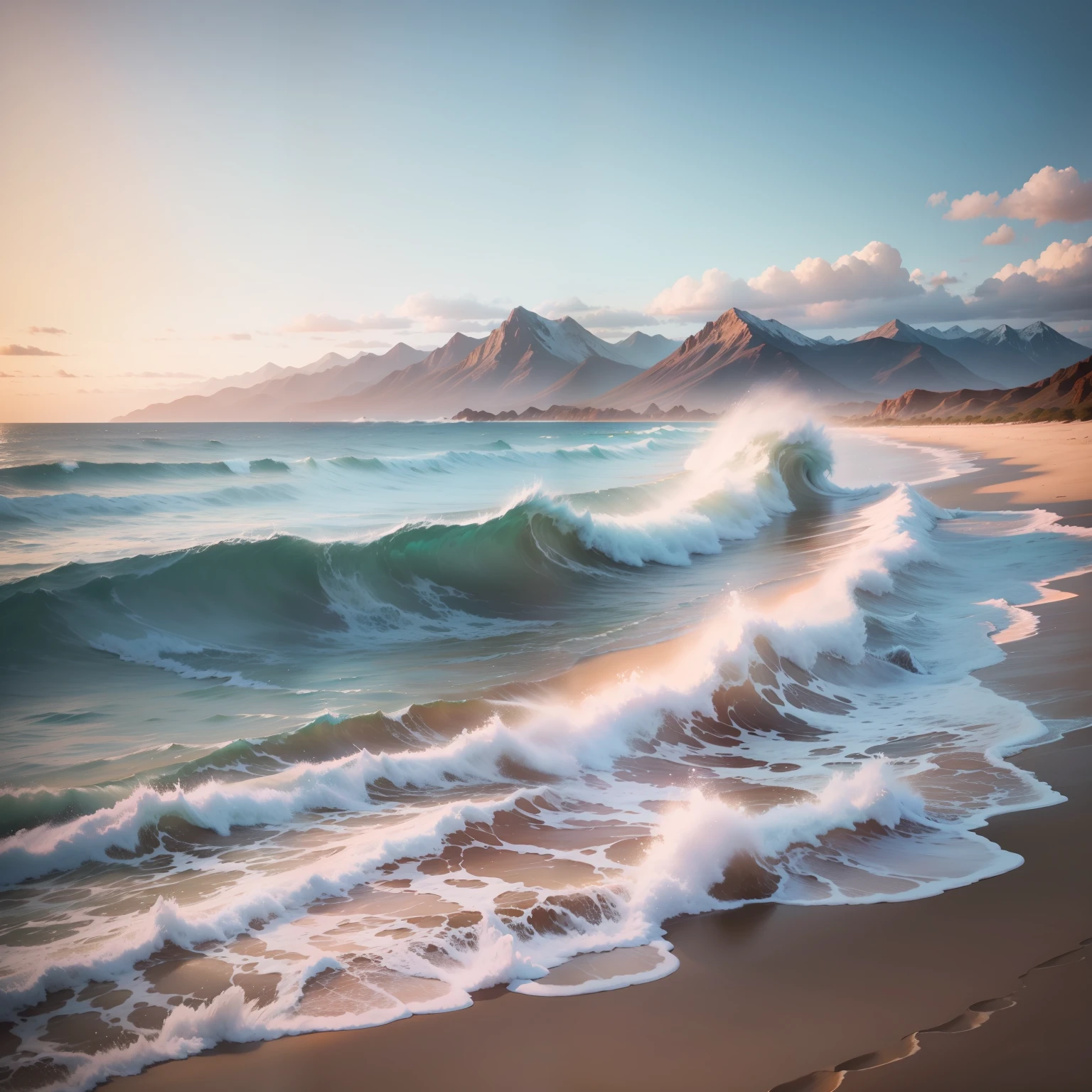 beautiful sandy beach, waves crashing on the shore, mountains in the distance, beautiful horizon, sky in the clouds, pastel colors, photorealism, art photo style