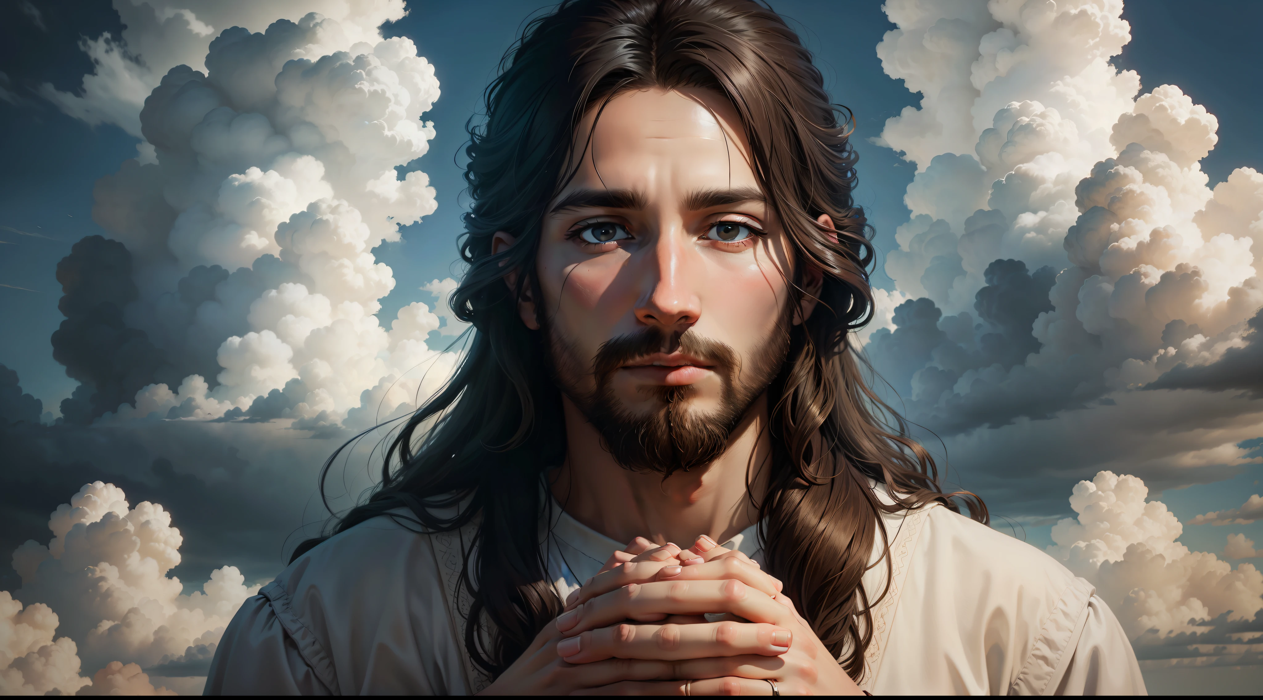 [a realistic painting of Jesus with his hands in a praying position amid the clouds of heaven]