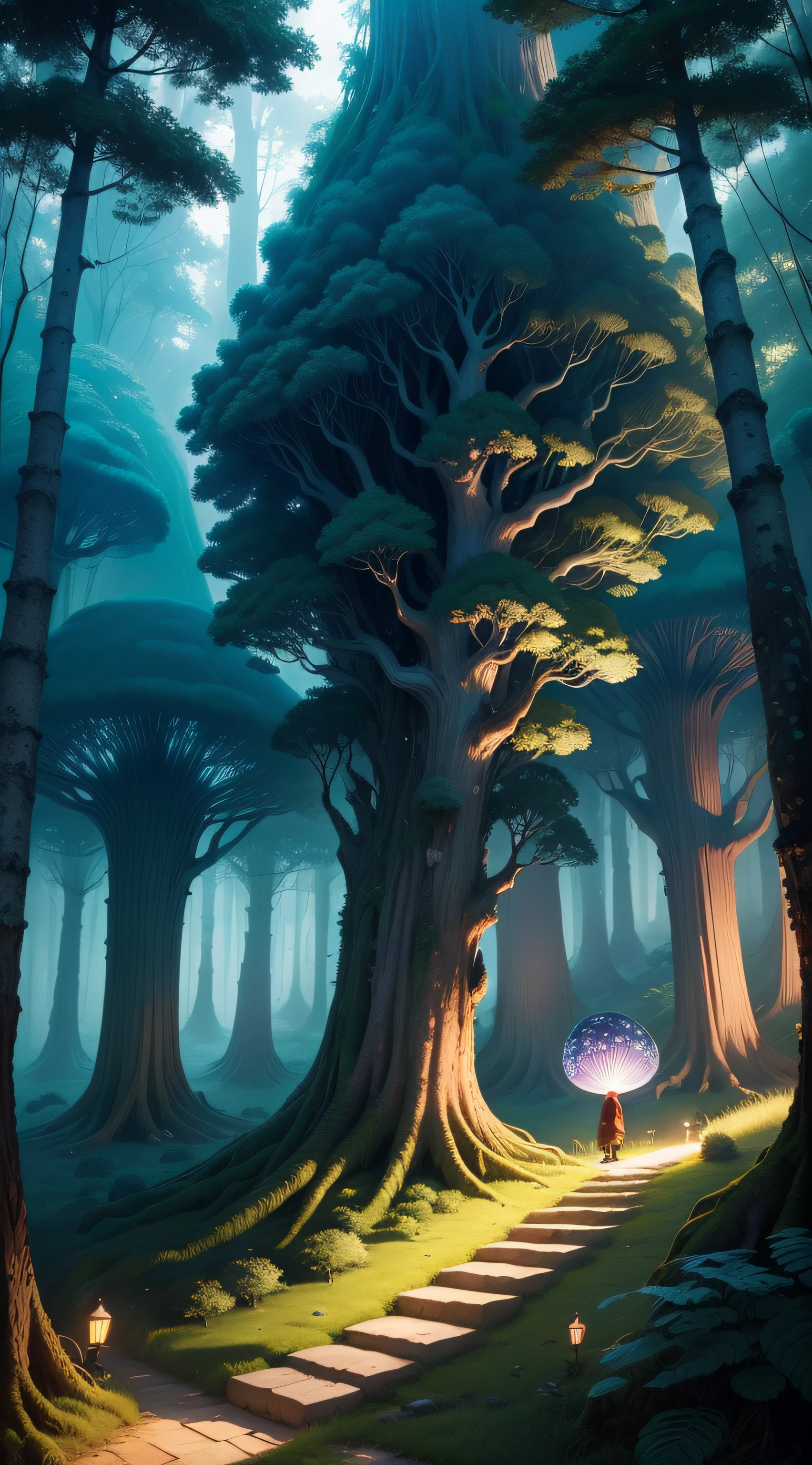 tmasterpiece,Best quality at best,Fiber tracing,jungles,Forest of dreamy monks,with light glowing,glowworm,great outdoors,Strange trees,The branches are intertwined。mushroom trees,Magical tree,alien trees