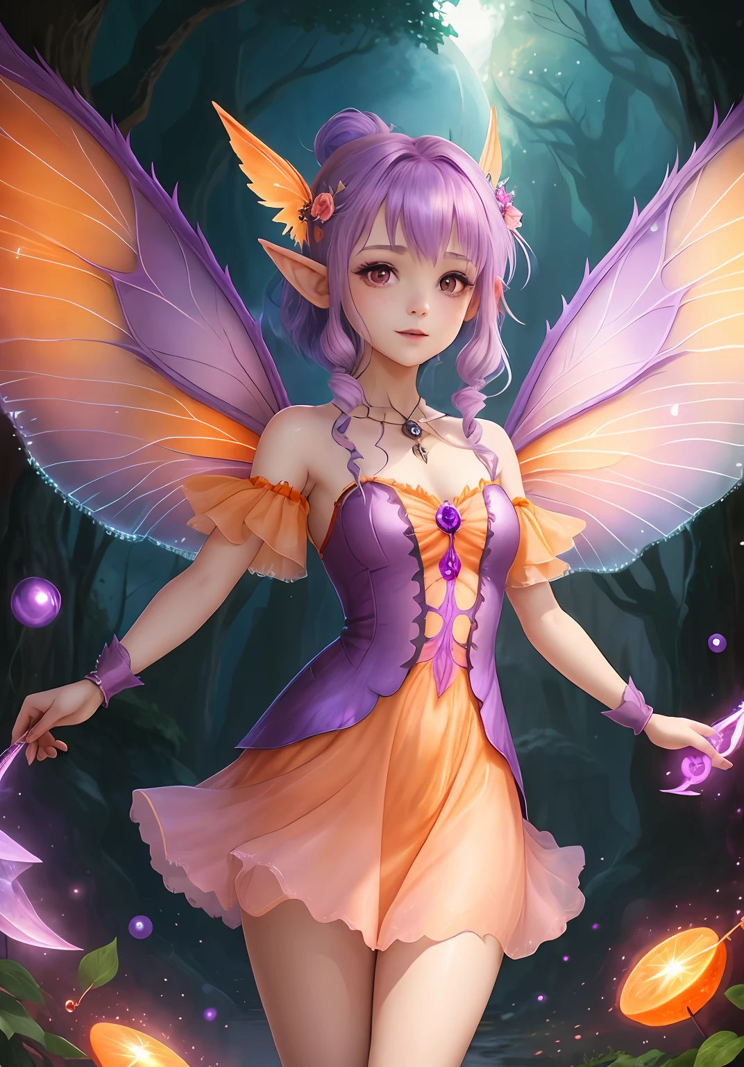 Little fairy (pixie), with purple hair, (orange details anda magic wings), pink dress, fantastic world, rpg, character, magic, ultra hd