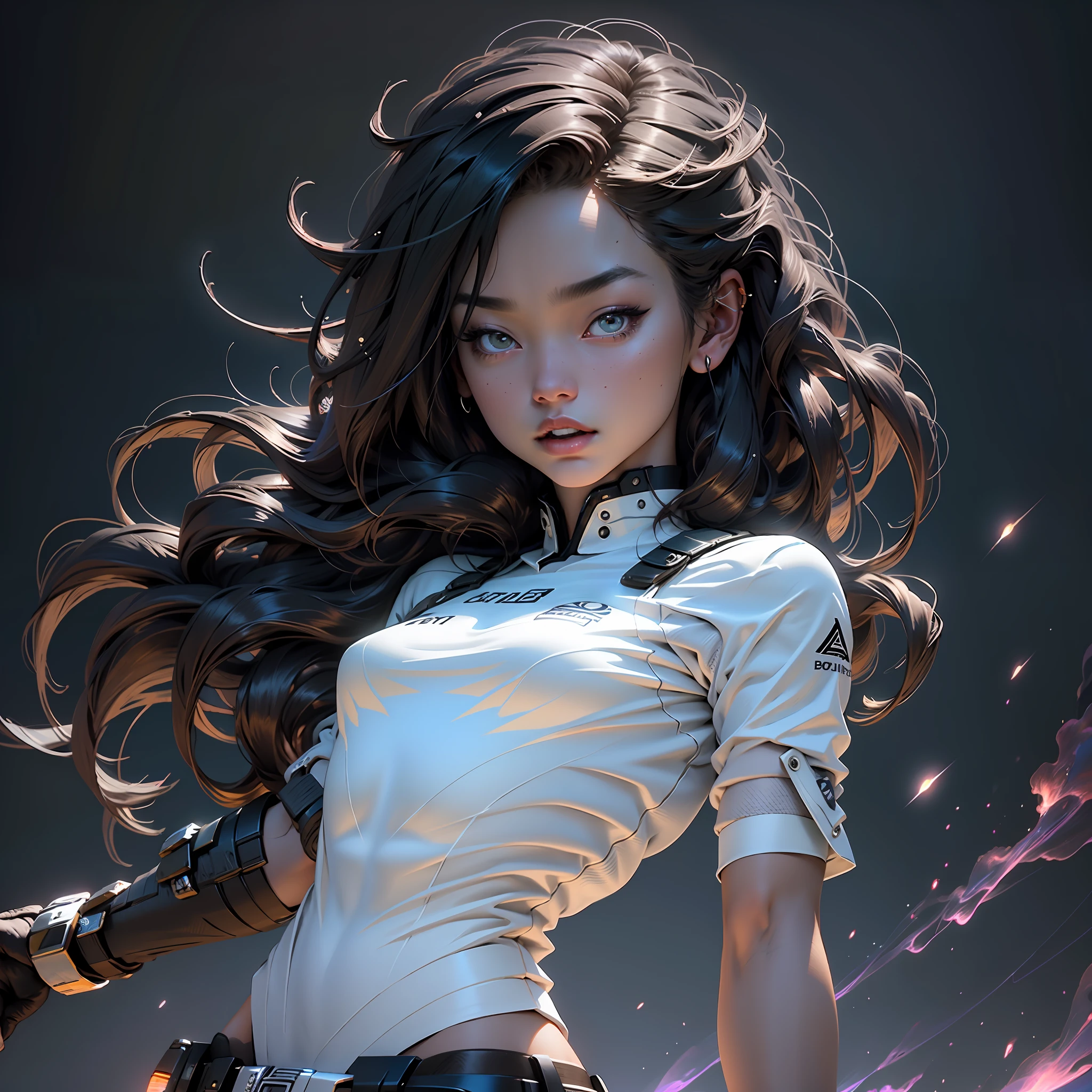 Hermosa joven coreana, con el pelo blanco, pelo corto, dynamic pose, noche, dramatic illumination, Cielo lleno de estrellas:1), fotorrealista, Fotorrealismo, 8k, Foto RAW, highest qualityr, Obra maestra, Ultra-high resolution, Physics-based rendering, Mejor sombra, best illustration,