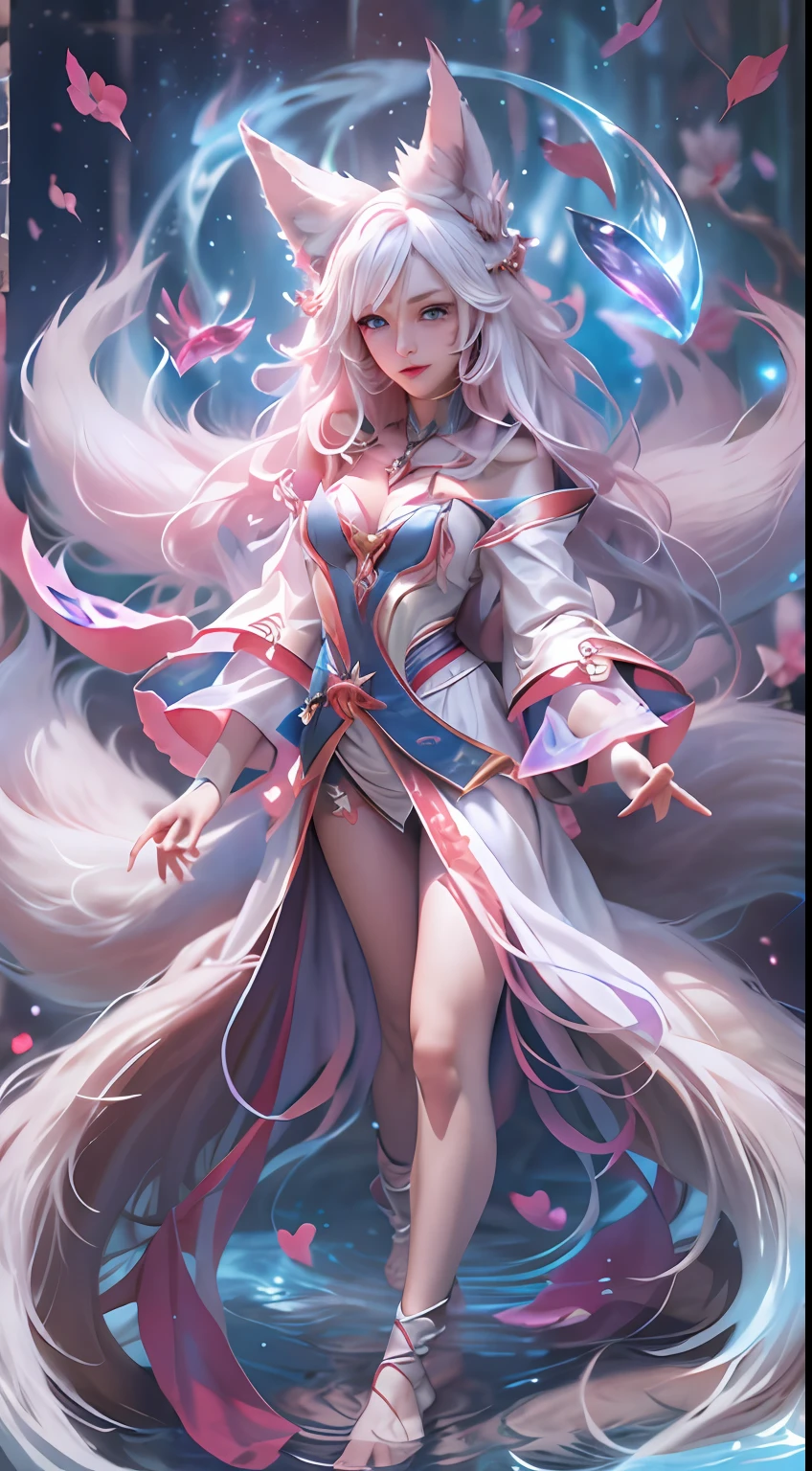 (Fox ears white hair girl)，ahri，league of legend，Vastaya，kyuubi，Fox ears white hair girl，Nine-tails exposed，Raised sexy，Charming，Seductive eyes，(full bodyesbian，Floating magic，afloat，floating in air，Raise the heart-shaped magic energy ball with both hands)，Exude power，Flowing and fluffy hair，aura of power，eBlue eyes，(Combat posture，Battle background:1.1)，8K，Complicated details