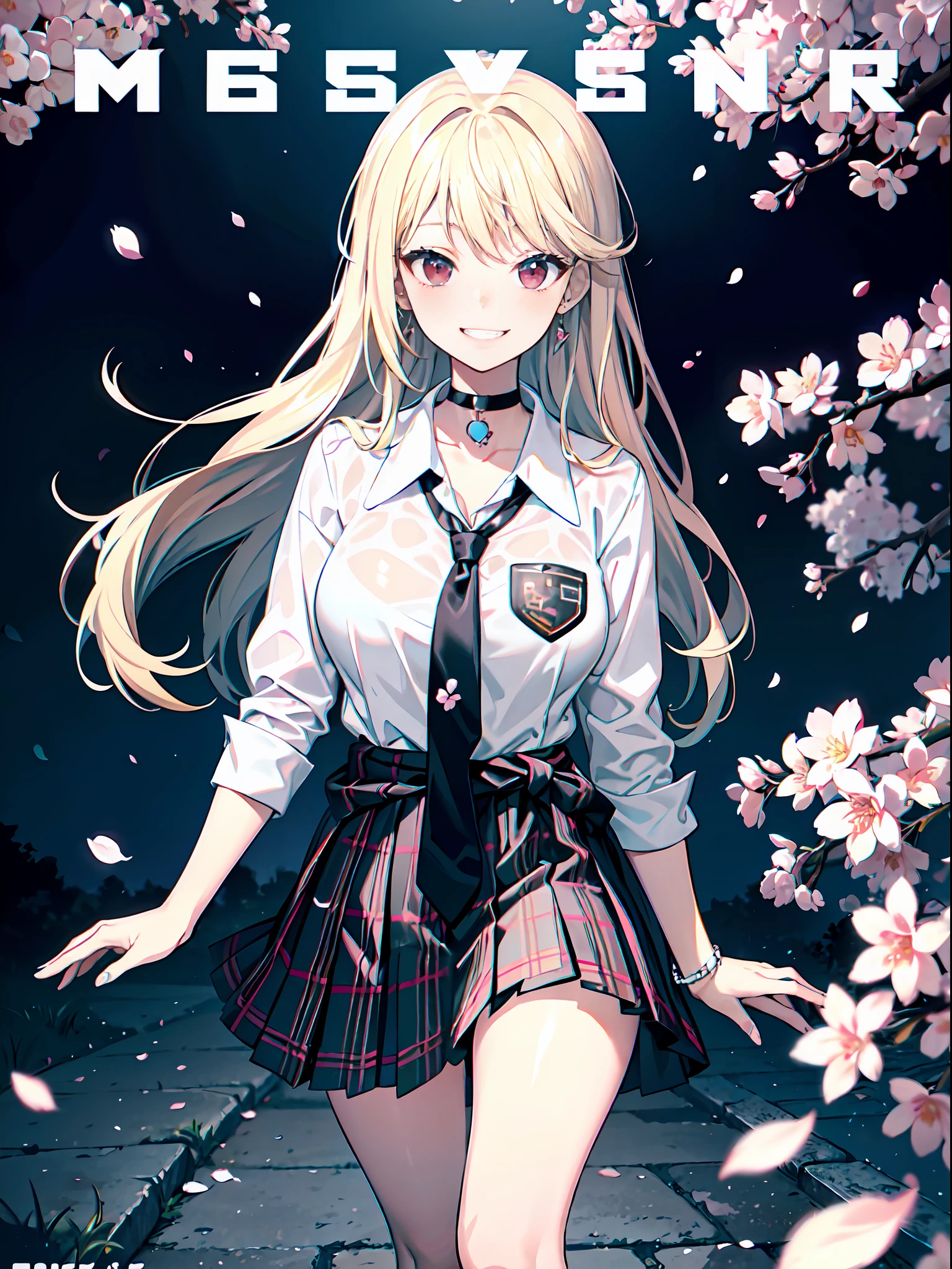 masterpiece, best quality, full body, 1girl, bangs, black choker, black necktie, blonde hair, blue skirt, blush, bracelet, breasts, choker, clothes around waist, collarbone, collared shirt, cowboy shot, dress shirt, ear piercing, eyebrows visible through hair, gradient hair, grin, gyaru, jewelry, kogal, long hair, looking at viewer, loose necktie, necktie, piercing, plaid, plaid skirt, pleated skirt, red eyes, ring, school uniform, shirt, skirt, smile, solo, white shirt, street, sky, cherry blossoms, petals,illustration, (magazine:1.3), (cover-style:1.3), fashionable, woman, vibrant, outfit, posing, front, colorful, dynamic, background, elements, confident, expression, holding, statement, accessory, majestic, coiled, around, touch, scene, text, cover, bold, attention-grabbing, title, stylish, font, catchy, headline, larger, striking, modern, trendy, focus, fashion,