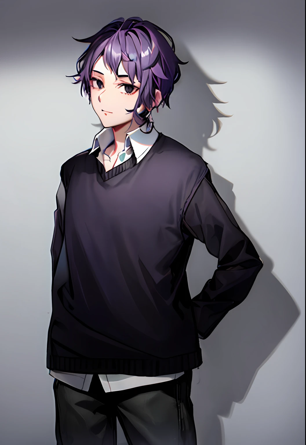 Grayish purple hair, black eyes, shirt, slouchy short-sleeved sweater