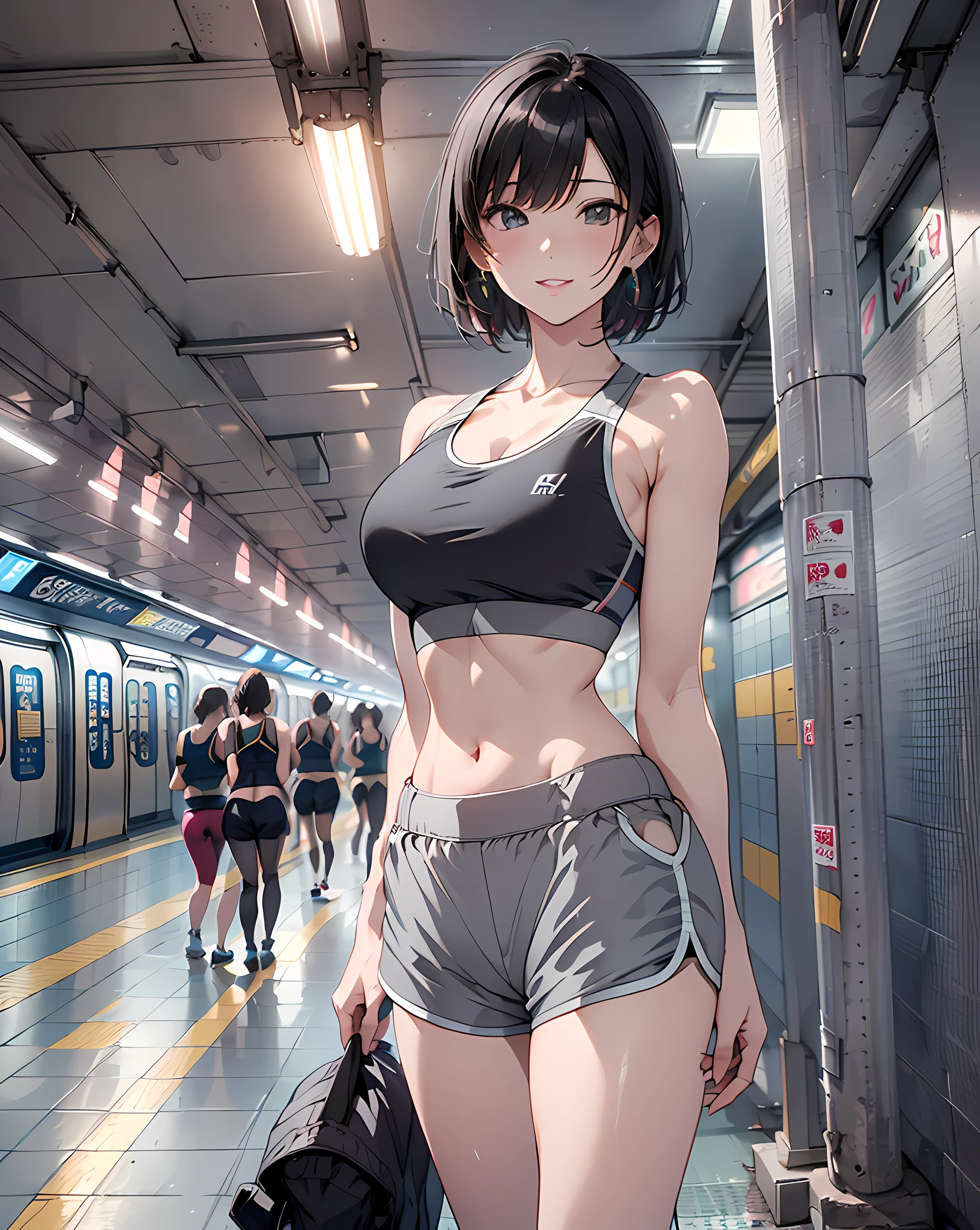 (masterpiece, best quality:1.37), highres, ultra-detailed, ultra-sharp, BREAK, Korean school idol, (((1girl:1.37, solo))), (beautiful anime face, cute face, detailed face), (black hair, thin hair, short hair, bangs, hime-cut), detailed beautiful cyan eyes, BREAK, ((detailed grey sports bra:1.5), (detailed shorts:1.5)), BREAK, lovely look, water melon earing, detailed clothes), light smile, closed mouth, parted lips, pink lipstick, BREAK, ((standing, arms behind back,:1.3, cowboy shot)), detailed human hands, HDTV:1.2, ((detailed subway station view background:1.3)), 8 life size, slender, anime style, anime style school girl, perfect anatomy, perfect proportion, inspiration from Kyoto animation and A-1 picture, late evening, excellent lighting, bright colors, clean lines, photorealistic