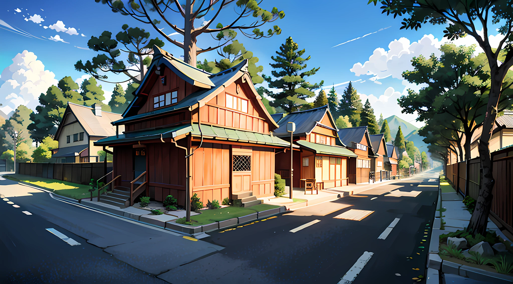 (Japanese town Landscape), (Hayao Miyazaki Style), cartoon, japanese rarely townhouse, road, bend, small house, tree, pole, white cloud, calm landscape, outdoor, green trees, epic composition, realistic lighting, high-definition detail, masterpiece, the best quality, (very detailed CG unified 8k wallpaper), --v6