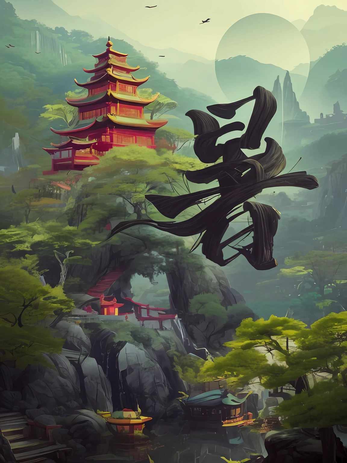 Beautiful scene of Chinese landscape pagoda, inspired by Wu Hong, inspired by Nōami, Chinese fantasy, Inspired by Feng Zhu, Inspired by Fenghua Zhong, G Liulian art style, Wallpaper phone, Wallpaper phone, inspired by Sōami, inspired by Wu Wei, inspired by Wu Bin,
