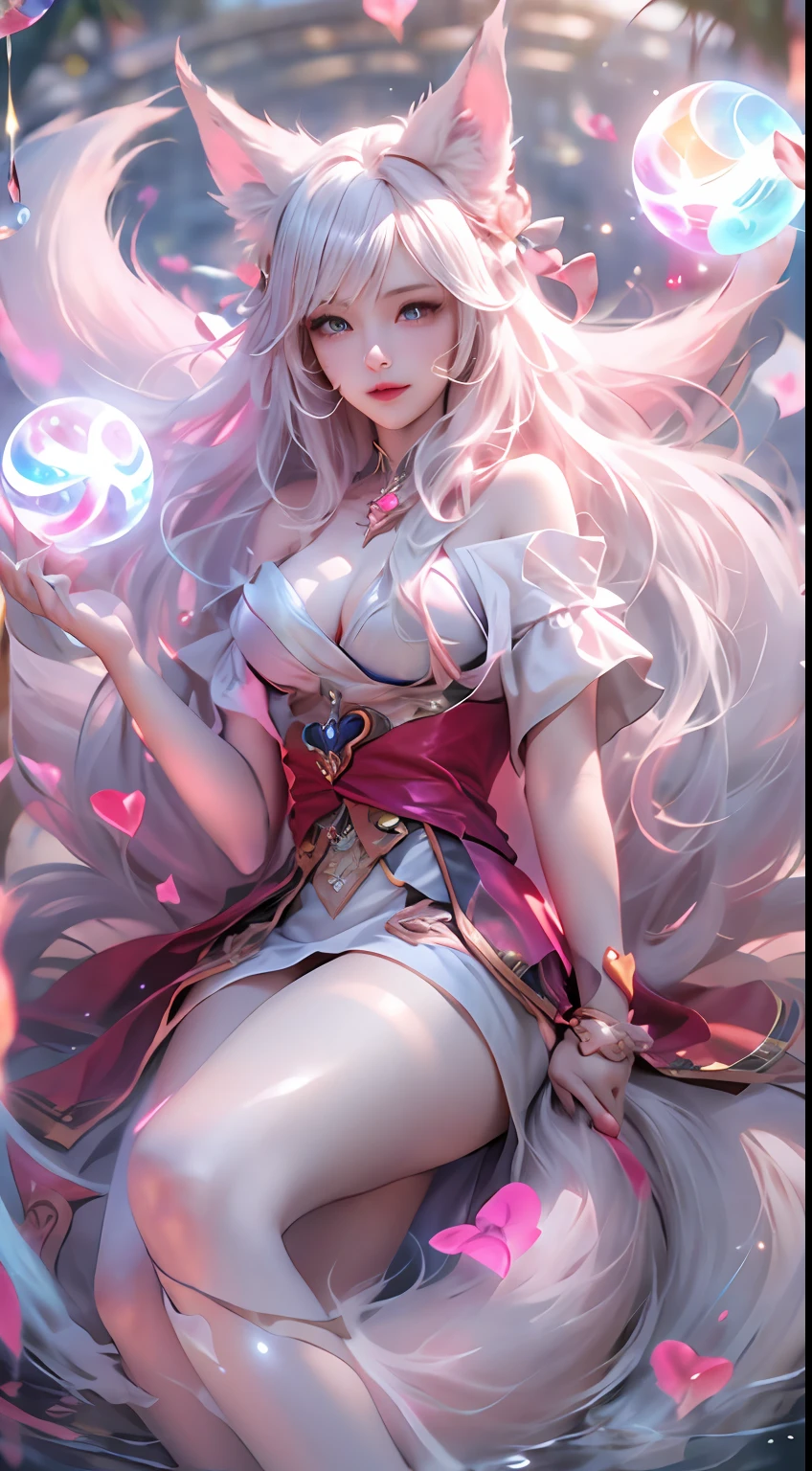 (Fox ears white hair girl),ahri,league of legend,Vastaya,kyuubi,Fox ears white hair girl,Nine-tails exposed,Raised sexy,Charming,Seductive eyes,(full bodyesbian,Floating magic,afloat,floating in air,Raise the heart-shaped magic energy ball with both hands),Exude power,Flowing and fluffy hair,aura of power,eBlue eyes,(Combat posture,Battle background:1.1),8K,Complicated details