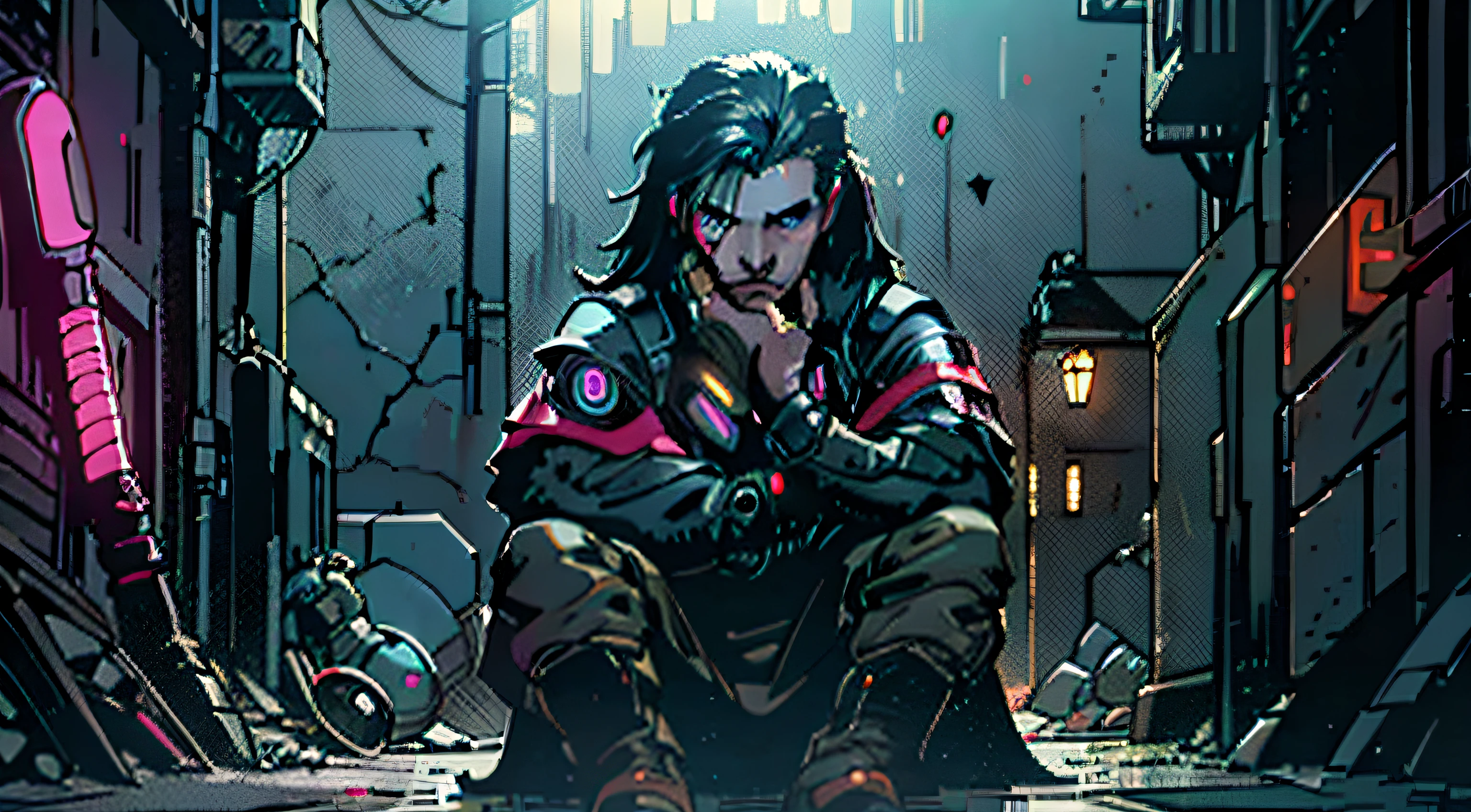 A boy in black clothes sits on the ground in the dark on a dark street, dark alley, with a light on the top of the head. Completely black background.  Cyberpunk Long Hair Covers Eyes, pressed against the wall, cuts on the face, ciberpunk