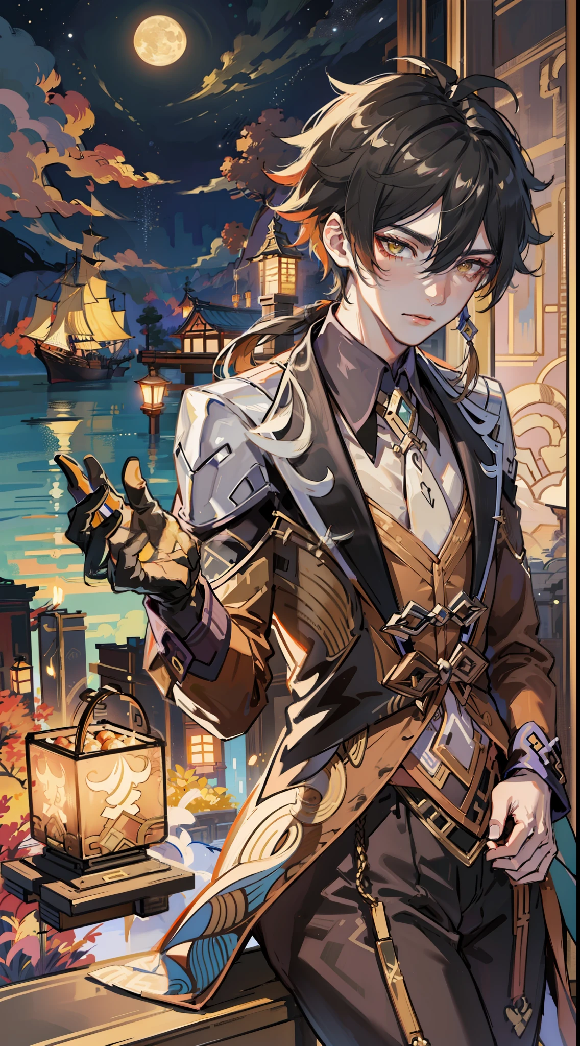(Very detailed CG unity 8k wallpaper,tmasterpiece,Best quality at best,ultra - detailed),(The best lighting,The best shadow),s the perfect face,dynamicposes,dynamic angle,((1boy)),独奏,Face,The upper part of the body,Food focus,Zhongli(genshin impact),(suji:1.1),(Take a large bowl:1.2),black bowl,(donburi,suji,tempura,shrimp tempura:1.1),Food steam,desks,Keep one's mouth shut,looking at viewert,Long hair,brown hair,lanterns,single earring,mitts,nipple tassels,By bangs,Black gloves,trinkets,Tassel earrings,pony tails,Hair between both eyes,jaket,longer sleeves,Yellow eyes,耳Nipple Ring,O cabelo multicolorido,The shirt,tiese,collared shir,formal outfit,Business suit,trouser,Gradient hair detailed background,liyue-kozue,scenecy,nighttime scene,stall,Skysky,themoon,Clouds,vessels,Bridges,Mare,Eau,mont,(light particules:1.0)