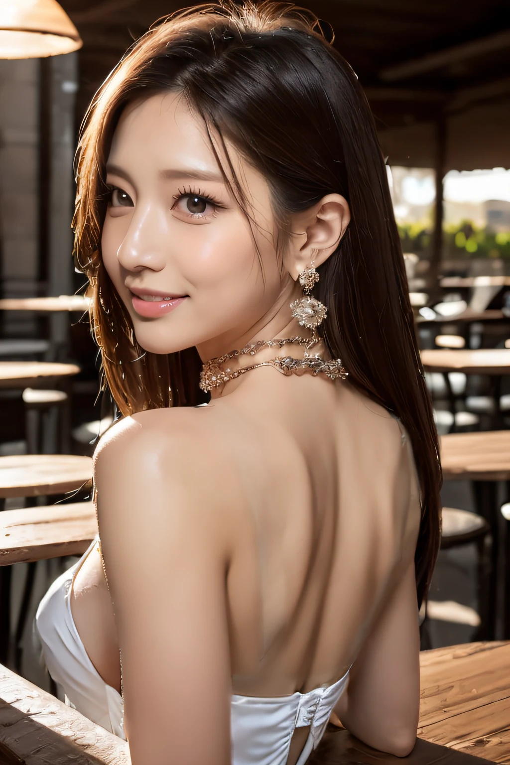 (pure-white hourglass-dress:1.3), (pure-white), (white strap), large breasts,
