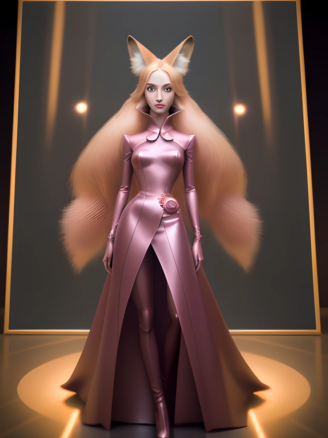 A portrait of an anthropomorphic fox Honey blonde long hair elegant color satin outfit vogue and Gucci style Serious expression Cyberpunk style leather outfit animal symmetrical eyes full body beauty art photography by Wes Anderson Torso portrait pink dye artstation symmetrical eyes NVIDIA Iray render Sharp focus soft Photorealism Photography Realistic detail Depth of field 8k Full HD 3d Super resolution octane render Award-winning photo taken with Canon DSLR, f/2.8 Long exposure, 25mm, Motor irreal