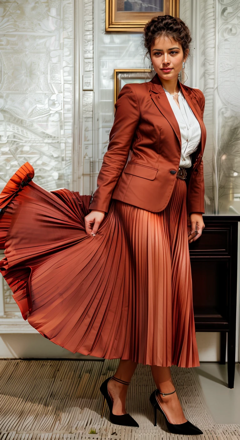 (very shy smiling) young woman, authentic (kind and tender) good woman wearing a short blazer with a very very detailed (long (fully pleated) full circle skirt) and (simple) low heeled office shoes, very very intricate hyper-detailed symmetric (attractive graceful young feminine face) with (sad, tired eyes and a shy smile), large breasts, full of empathy and compassion and love, (pronounced (feminine) features), (highly detailed ultra accurate realistic) hands and fingers, (windy conditions and wind blowing), epic composition, highly detailed attributes, highly detailed atmosphere, (35mm f1.4 Kodak portra 400 photograph), extremely high quality RAW photograph, detailed background, intricate, Exquisite details and textures,