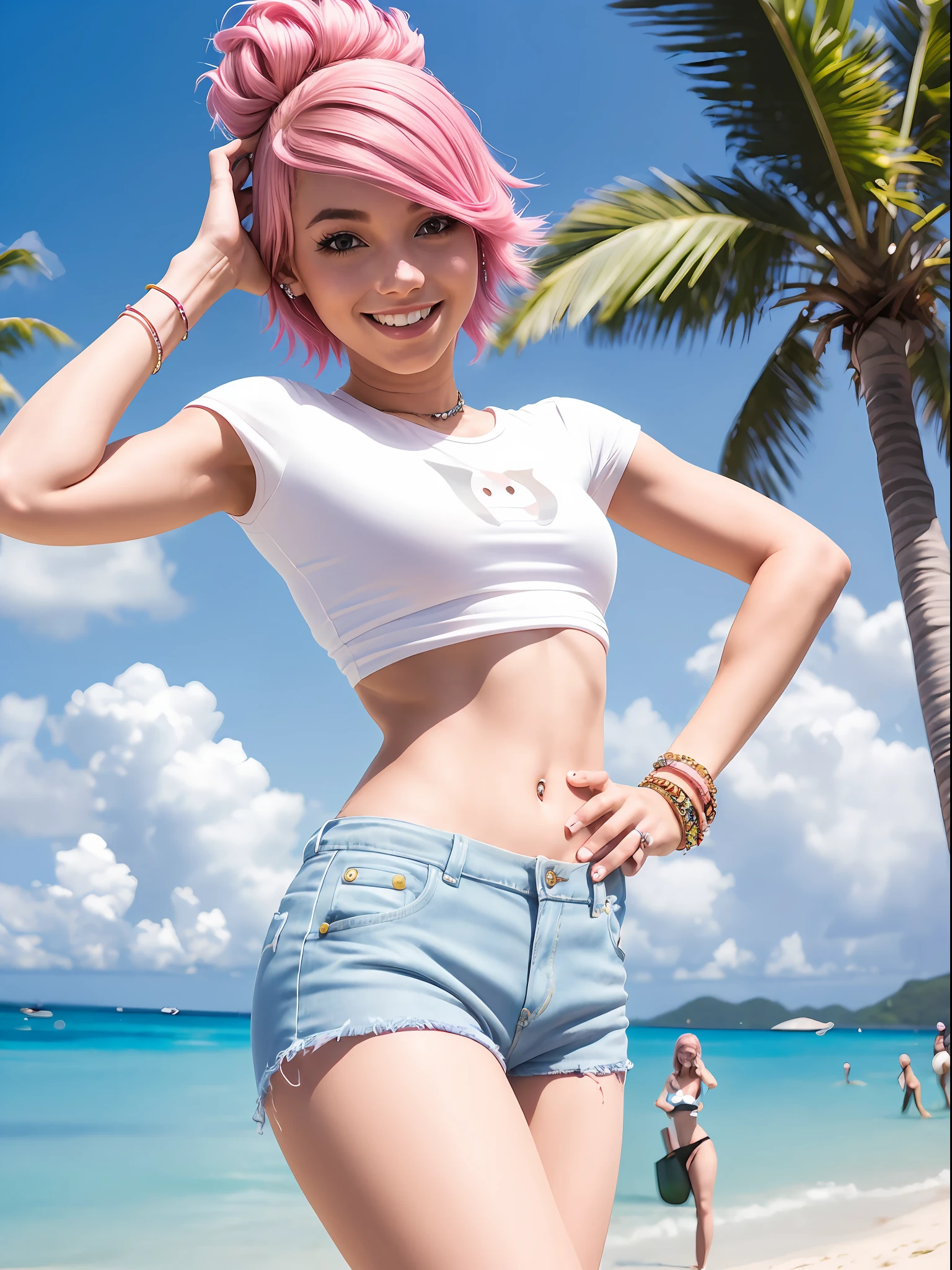 (A single young hopeful woman with vibrant pink hair, striking a graceful and feminine pose) is on a tropical island, solo, happy, with a light smile, wearing a cropped white shirt and jeans.
