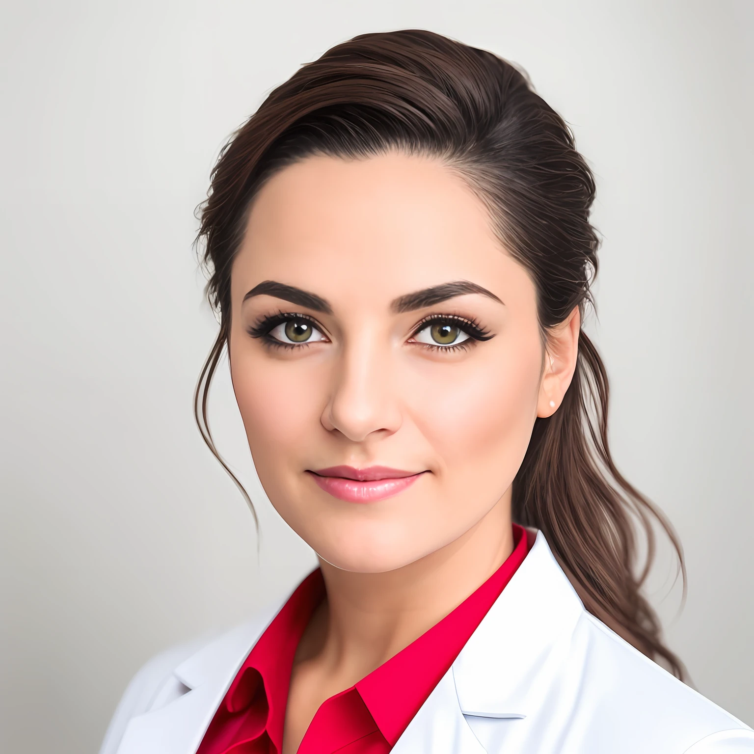 Smiling woman in white lab coat with red tie and white shirt, fotografia headshot, foto headshot, Retrato headshot, foto de closeup profissional, retrato profissional close-up, foto de perfil profissional, medical photography, retrato profissional, Retrato do perfil, imagem retrato, head and shoulder shot, foto retrato profissional, professional headshot, fotografia de retrato profissional, Foto profissional detalhada, amazing professional picture, Retrato promocional