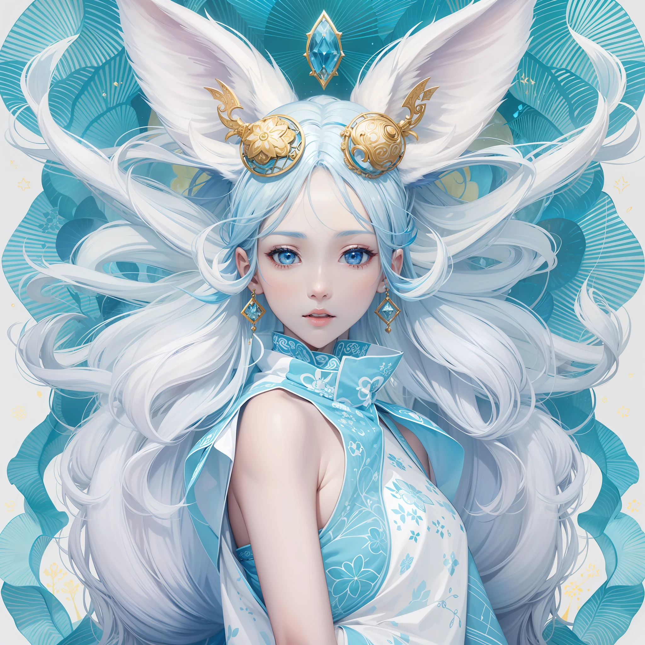 In front, symmetrical display,
A blue hat, earrings hold sway.
Xiaofei Yue, the wellspring of inspiration,
Sky blue, Miwa Komatsu’s creation.
A fantastical creature emerges from whimsical thought,
With white hair and fox ears it is brought.
Flat illustrations bring forth geometry,
A mesmerizing sight for all to see.