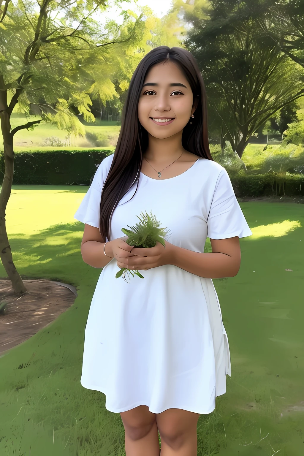 (obra-prima, melhor qualidade),1girl, mulher jovem com longos cabelos brancos sentada em um campo de plantas verdes e flores, his hand under his chin, warm ilumination, vestido branco NFSW