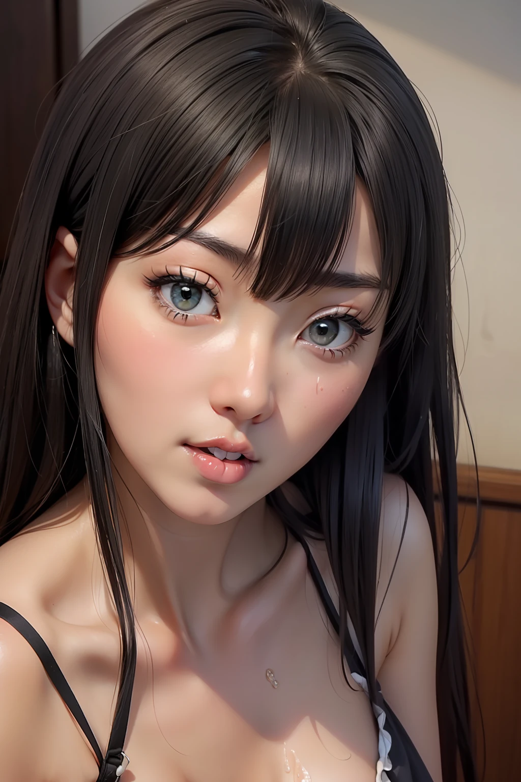 pov  photo of beautiful Asian woman,(yukino yukinoshita:1.5), masterpiece, perfect lighting, hand holding head, above, pov, , wet , creampie, (large breasts:0.6), bangs, runny makeup, greeneyes, black hair, (deep throat:1.5)