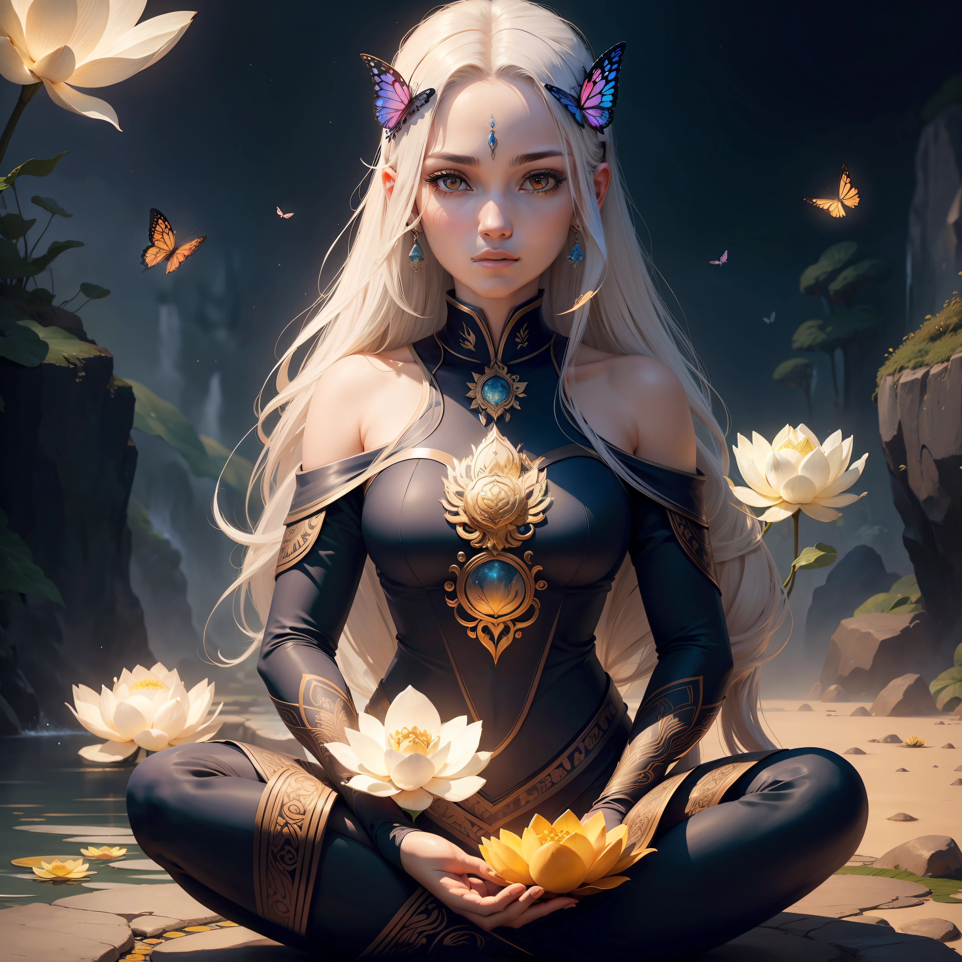 Avatar,Woman Law of Attraction,cachoeira cabelos claros,lotus flower butterflies, meditando