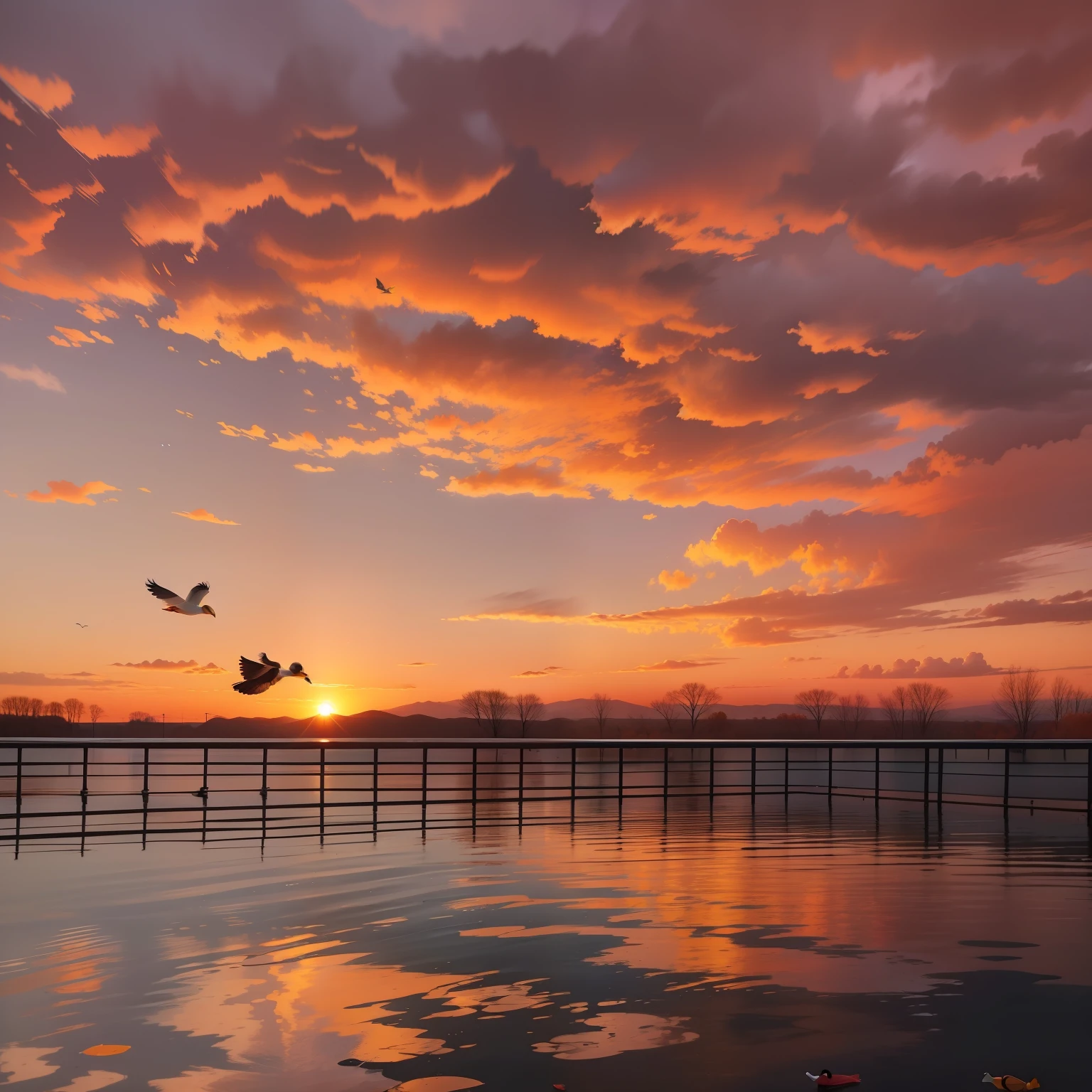 The sunset and the lone duck fly together, and the autumn water is the same color as the sky