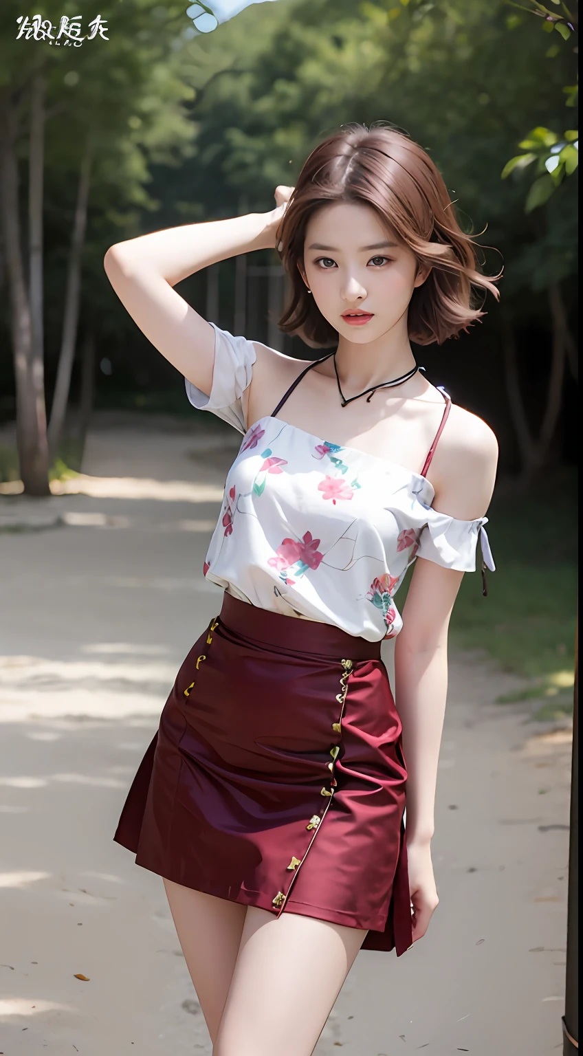 NSFW, 8K Raw photograph, best qualtiy, tmasterpiece, 超高分辨率, filmgrain, cinematic ligh, 1girll, looking at viewert, Natural skin texture, Realistic Eyes and Face Details, full pouty lips, lipsticks, (putting makeup on), Red eyeshadow, Short fluffy hair, messy hair, ssmile, Rejoice, beautifullegs, Tall women, being thin, Slim_Legs, 独奏, Brustwarzen, Pose with your hips facing you, Mini print silk skirt, hindquarters, Beautiful natural location, Location of flowers around, (detailedbackground) , Show a little through the shirt, Footwear, vague background, bblurry, halter,, short- sleeved, The ribbon is around the neck, JK ribbon, brown hair, bangle, Eau, By bangs, jewely, parted lip, cparted lips, From the side Side, Printed silk skirt, depth of fields,beachside,zona rural,Printed silk suspenders,are standing,