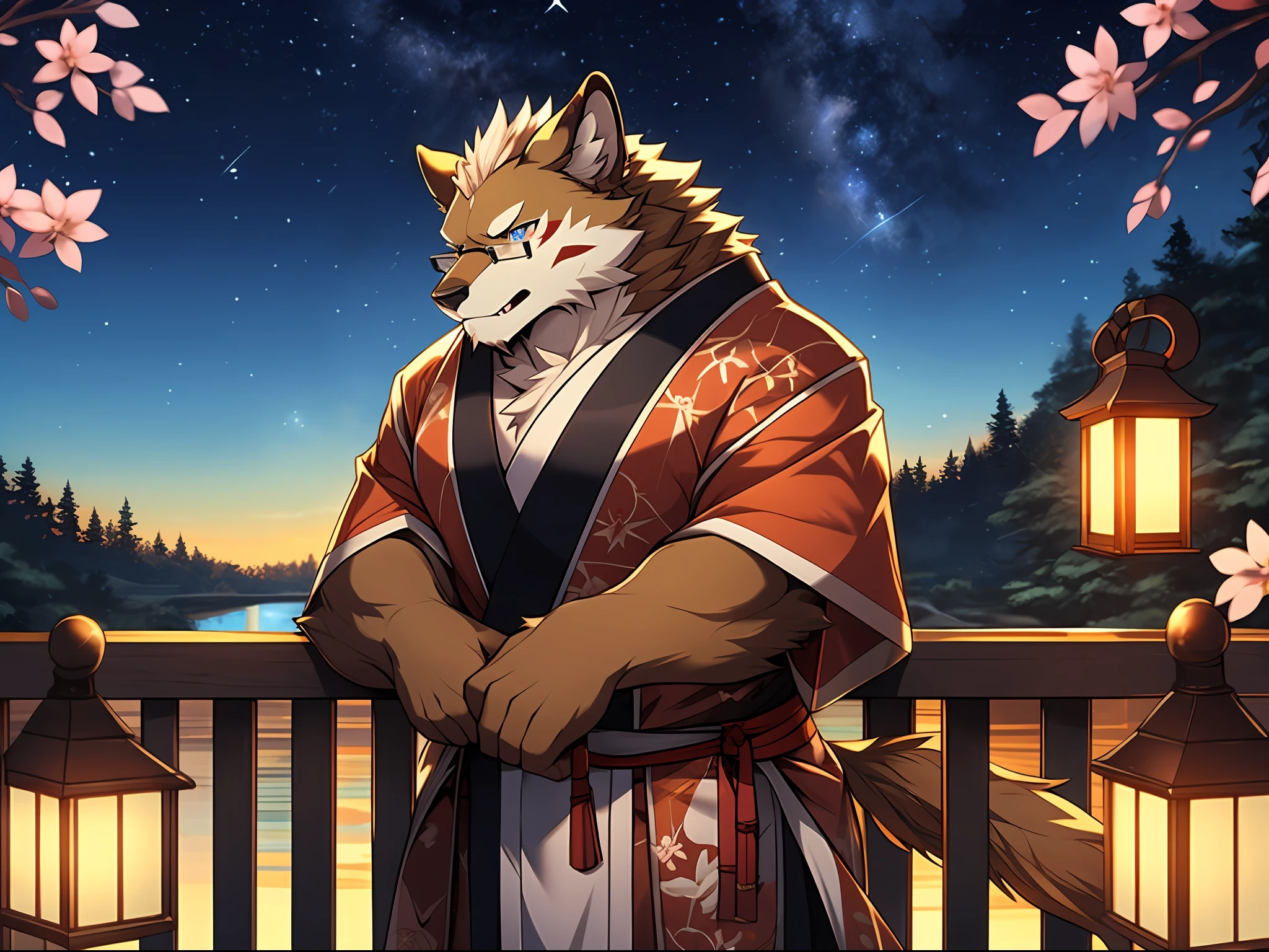 (A golden werewolf with golden fur and glasses stands on a city street under the stars at night:1.2),(male people),Azure pupils,Look at the river of stars in the distance,the corners of your mouth rise slightly,He wears blue ancient Japanese clothing,is an astrologer,He is very fond of astrology,Has a deep love for the stars,He has several dark red stripes on his cheeks,extremy detailed,detailedbackground,Extremely beautiful starry sky background extremely detailed,starrysky,由Null-Ghost:0.7 brought,Handsome,sbeard ,natta, Lanterns, Festive atmosphere, Outdoor activities, (depth of fields), Beautiful and beautiful,komono,white sash,Cherry blossom leaves,tmasterpiece,VerydetailedCG,(wears glasses),Correct end-of-line construction,Leaning against the railing,correct hand,Extend your right hand forward,Strong,White loincloth,Middle Age,A majestic,Savage,self-assured,Strong,Looking Up The Sky,From a high angle,Winters,nevando,The upper body is exposed,Elaborate Eyes,Blue pupil