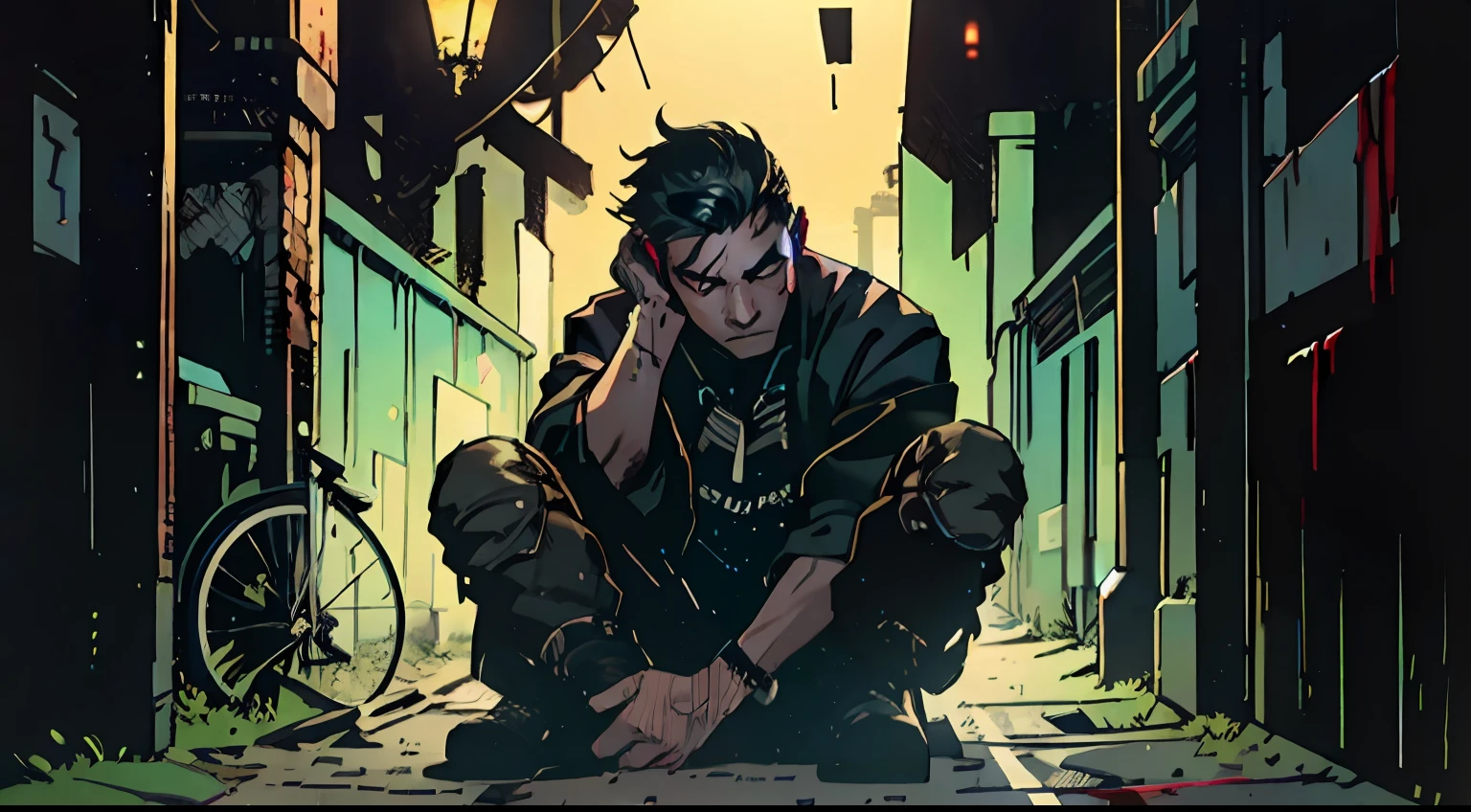A boy in black clothes sits on the ground in the dark on a dark street, dark alley, with a light on the top of the head. Completely black background. ciberpunk, Medium Hair, parting in the middle, Pressed against the wall, cuts on the face, blood on cheek, ciberpunk