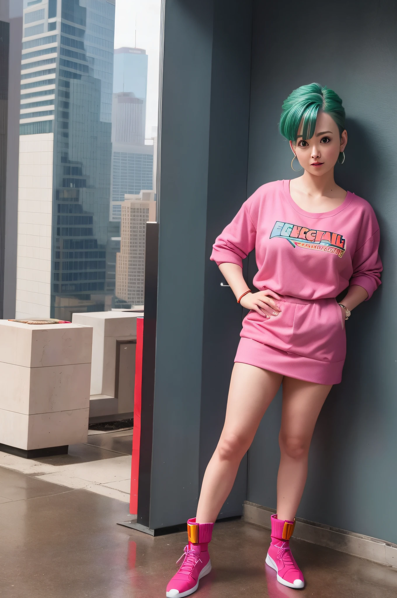 Full body shot Realistic portrait photography of (bulma) De Dragon Ball con ropa cyberpunk