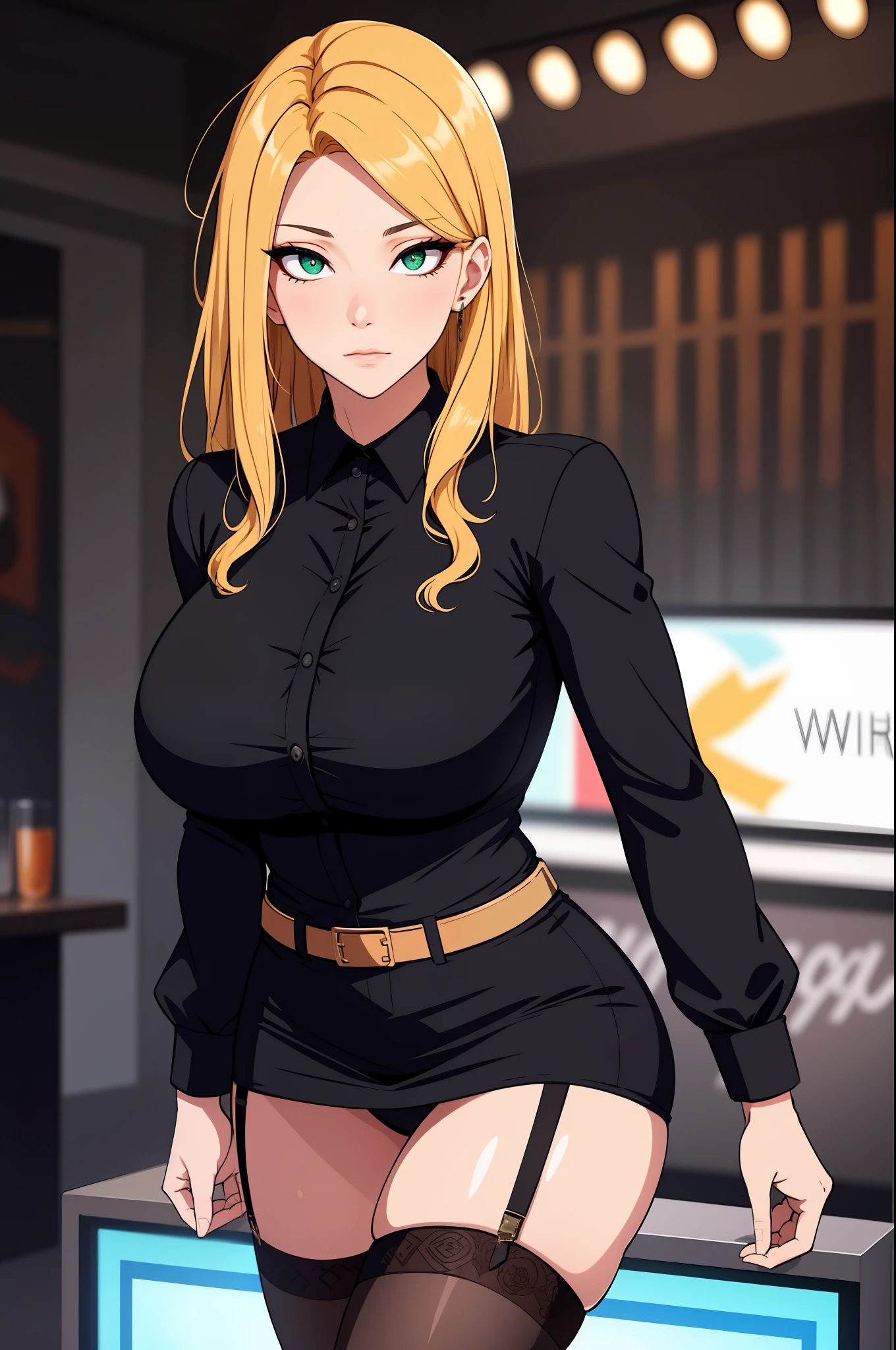 (tmasterpiece,A high resolution,best qualtiy:1.2),8K,highly detailed,复杂,rich colourful,vibrant image,Clear focus,cinematic ligh) blond hairbl,long whitr hair,Green eyes,body builder (Wear black business attire,black_Collared shirt cropped jacket,tiese,tiese,Black frilled skirt,a garter belt,Leather belt) (Large, Perfect round breasts,Hourglass body,Big breasts Thin waist,Very thin waist, photograph realistic,(hyper realisitc:1)big breasts beautiful, tmasterpiece,Best quality at best,extremelydetailedface,s the perfect face,beauitful face,Perfect lighting,Detailed eye makeup,Details of the face,Nice detail eyes,pretty hand,perfect hand,glowing light eyes(realistic pupil,Realistic iris:1)Heavy eye makeup,(empty Casino)(Posing dynamically)pantiess