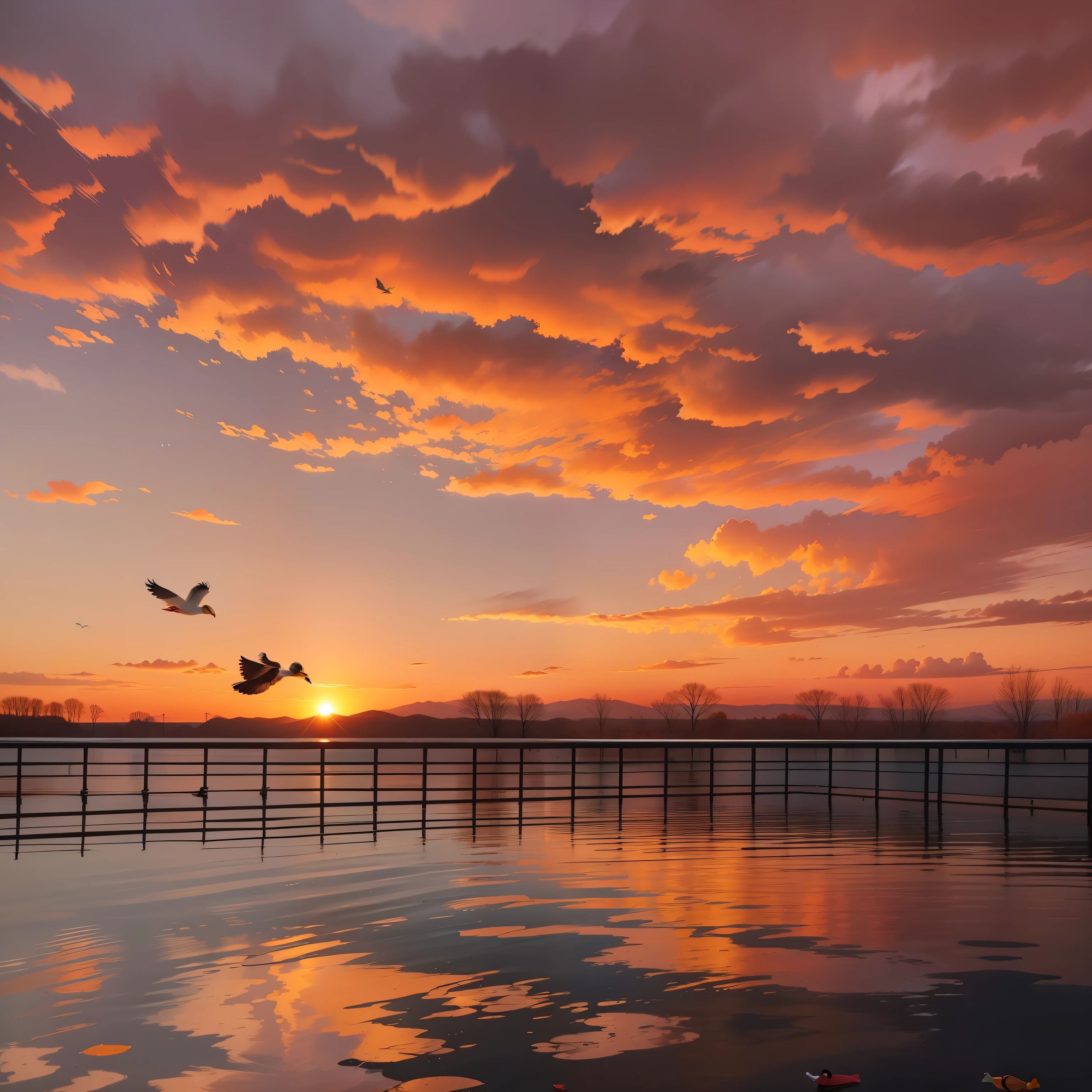 The sunset and the lone duck fly together, and the autumn water is the same color as the sky
