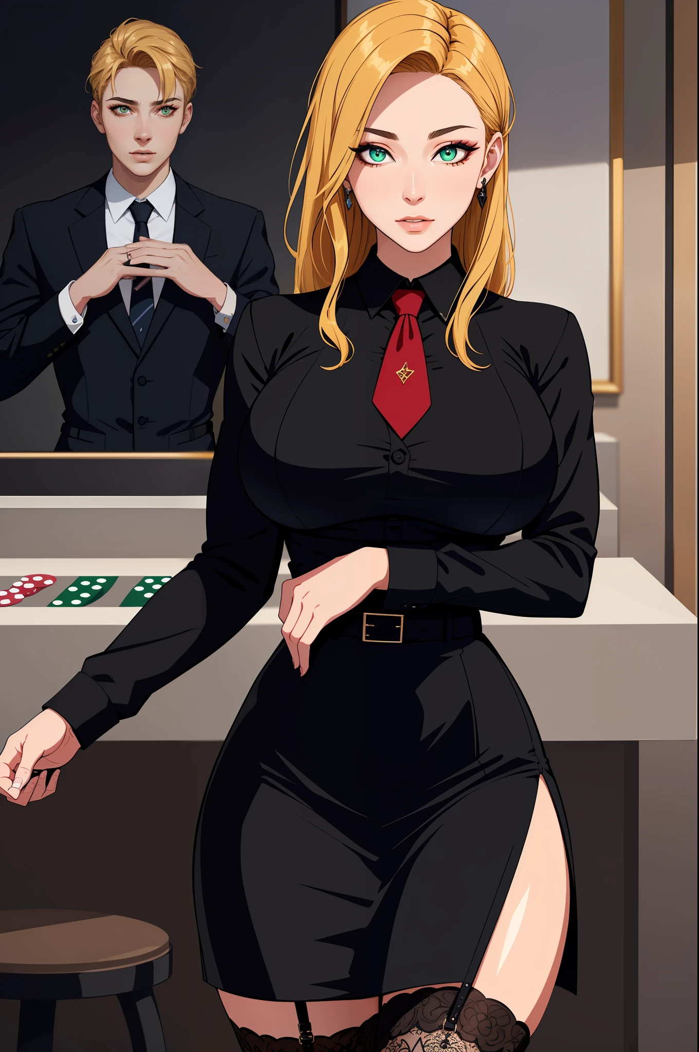 (masterpiece, highres, best quality:1.2), 8K, highly detailed, intricate, colorful, vibrant image, sharp focus, cinematic) blonde hair, long hair, green eyes, body builder (Wearing black business outfit, black_collared shirt cropped jacket ,tie,necktie,black frilled skirt, garter straps, leather waist belt) (big perfect round breasts,hourglass body, thin waist,very thin waist, Photo realistic,(hyperrealistic:1)beautiful, masterpiece, best quality, extremely detailed face,perfect face,beautiful face, perfect lighting,detailed eye makeup, detail face, nice detailed eyes,nice hands, perfect hands,glowing eyes (realistic pupils,realistic iris:1) heavy eye makeup,(empty Casino)(Posing dynamically)