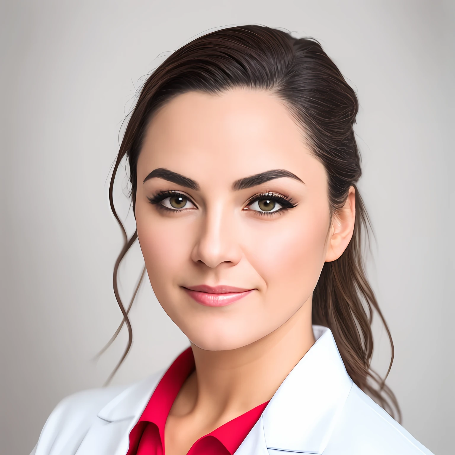 Smiling woman in white lab coat with red tie and white shirt, fotografia headshot, foto headshot, Retrato headshot, foto de closeup profissional, retrato profissional close-up, foto de perfil profissional, medical photography, retrato profissional, Retrato do perfil, imagem retrato, head and shoulder shot, foto retrato profissional, professional headshot, fotografia de retrato profissional, Foto profissional detalhada, amazing professional picture, Retrato promocional