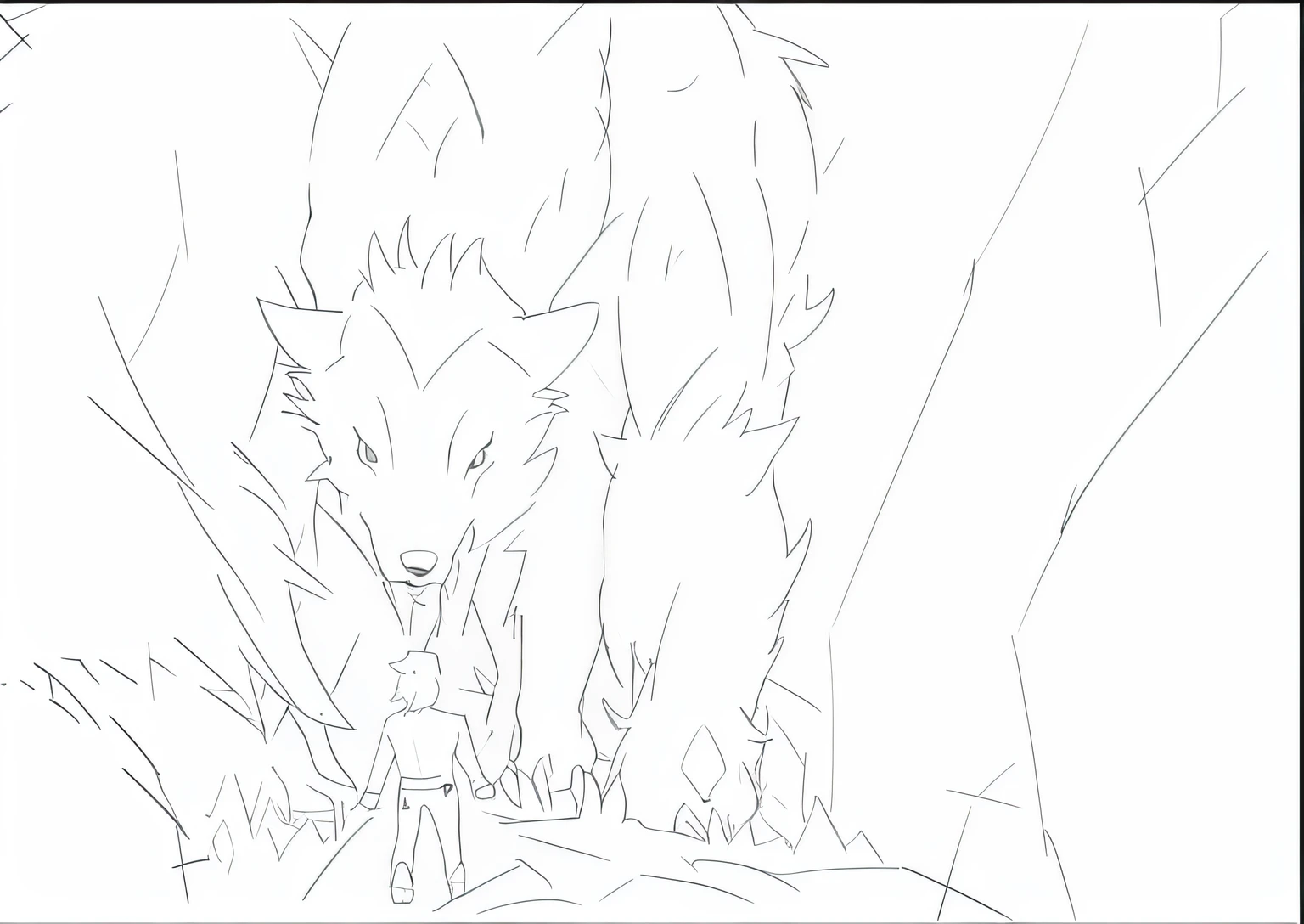The wolf-type giant monster scares the people below,Line drawings