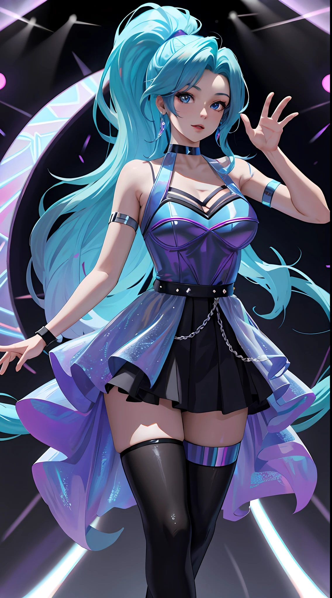 masterpiece, best quality, highres, seraphine1, 1girl, solo, blue hair, k/da \(league of legends\), very long hair, multicolored hair, jewelry, ponytail, blue eyes, earrings, dress, black choker, two-tone hair, purple hair, black thighhighs, bracelet, black skirt, crystal, large breasts, on the stage, waving