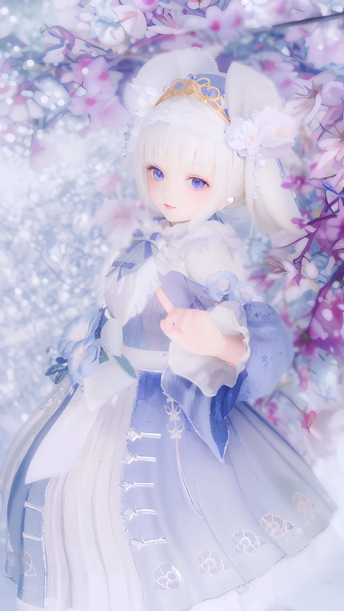 There is a doll standing in the snow, dollfie dream, ball jointed doll, Portrait c 12.0, portrait c 1 2. 0, in white clouds fairyland, in the white clouds fairyland, JDM, ethereal fairytale, Loli, valentine, Palace ， A girl in Hanfu, with frozen flowers around her