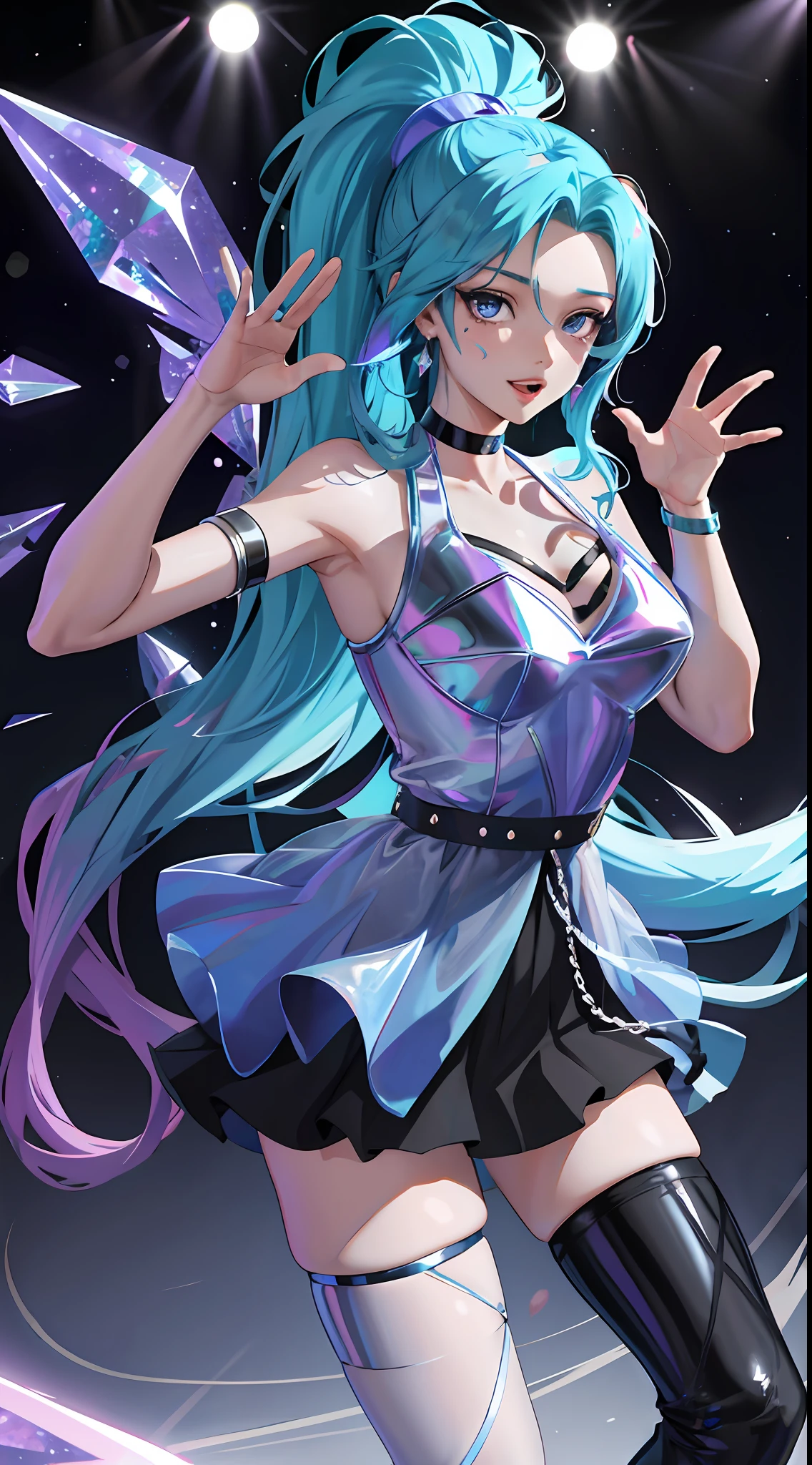 masterpiece, best quality, highres, seraphine1, 1girl, solo, blue hair, k/da \(league of legends\), very long hair, multicolored hair, jewelry, ponytail, blue eyes, earrings, dress, black choker, two-tone hair, purple hair, black thighhighs, bracelet, black skirt, crystal, large breasts, on the stage, waving