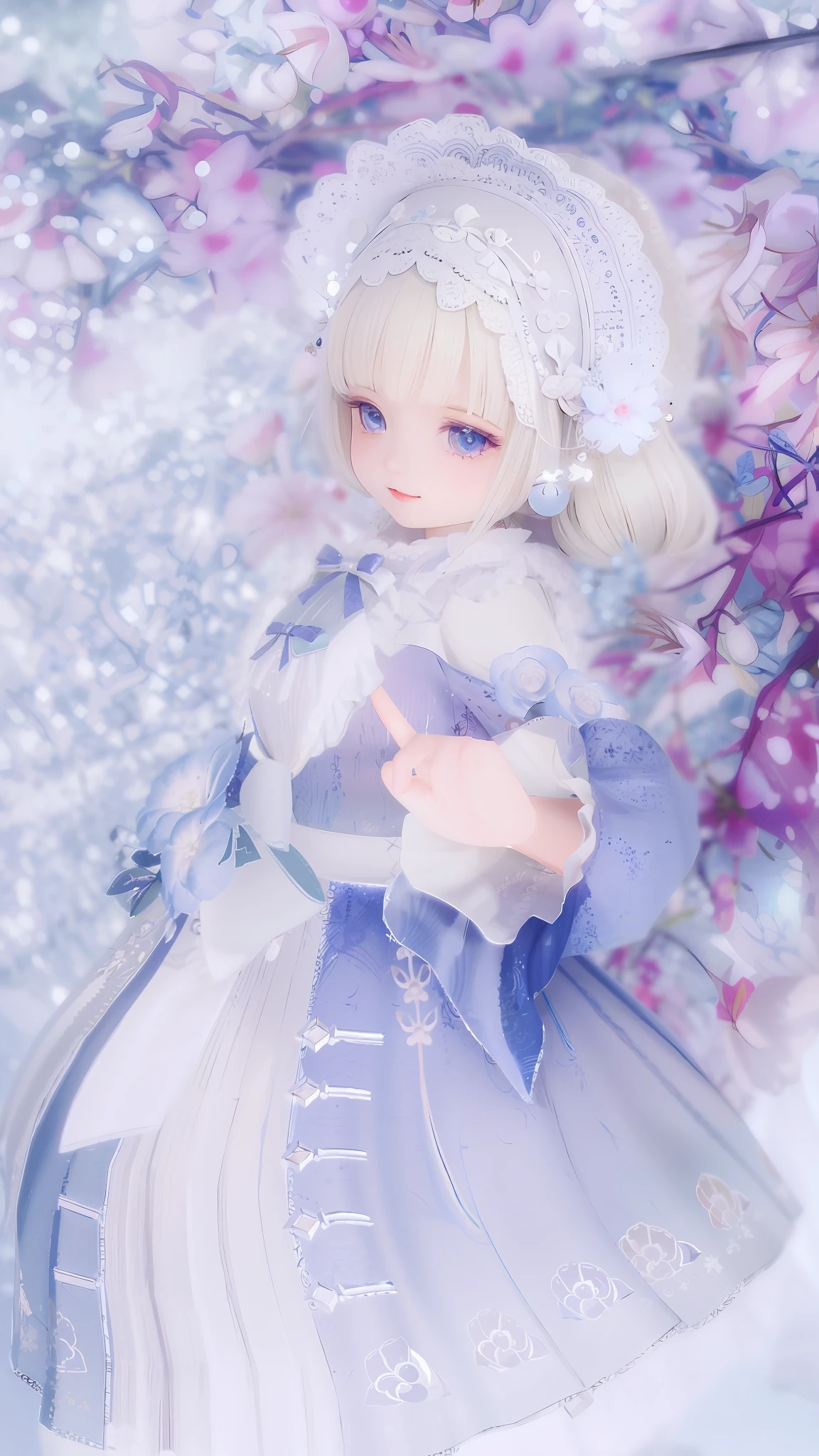 There is a doll standing in the snow, dollfie dream, ball jointed doll, Portrait c 12.0, portrait c 1 2. 0, in white clouds fairyland, in the white clouds fairyland, JDM, ethereal fairytale, , valentine, Palace ， A girl in Hanfu, with frozen flowers around her